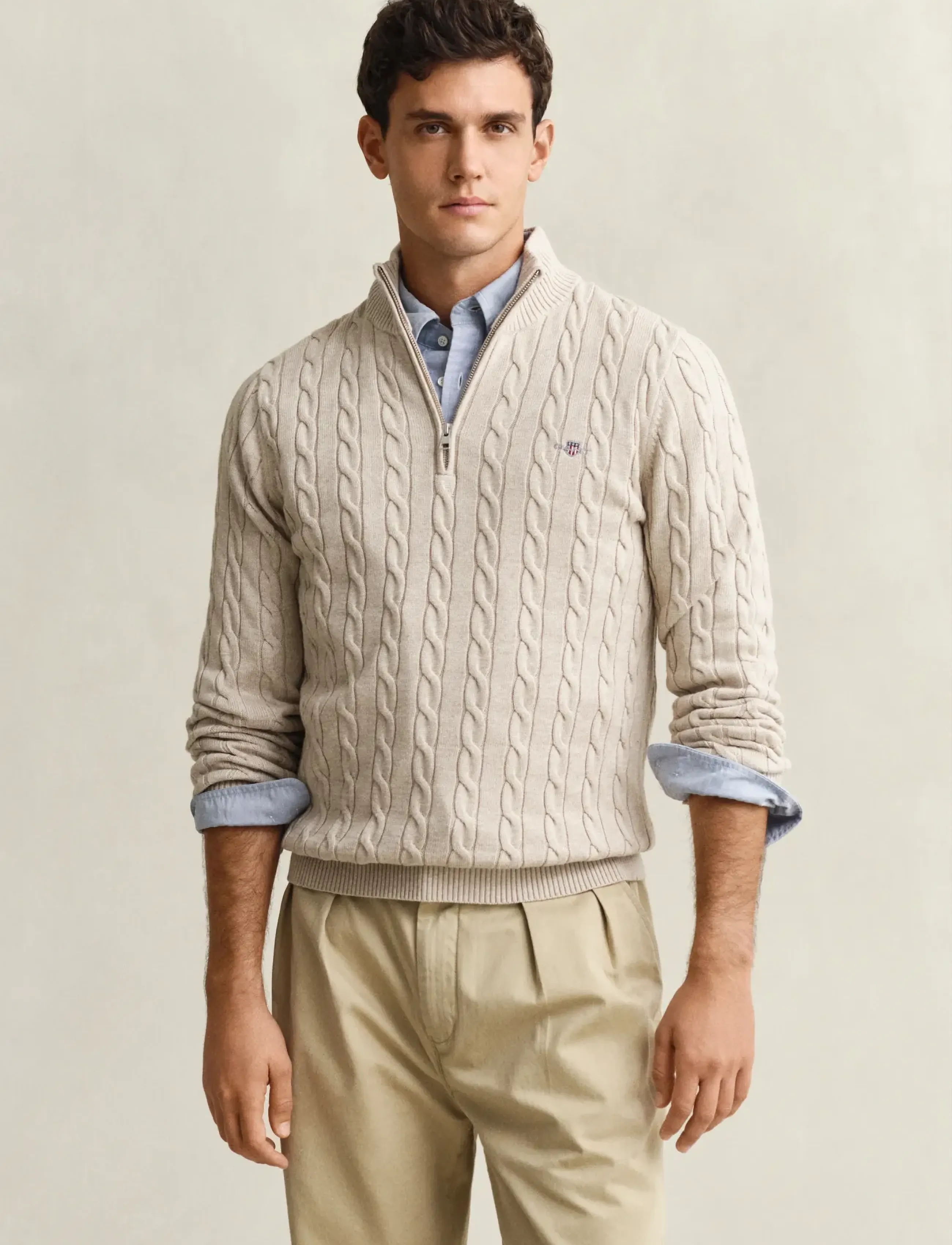 Gant Cable Knit Half-Zip Sweater, 3XL, Knitwear, Beige - Half Zip Jumpers, Männerswear