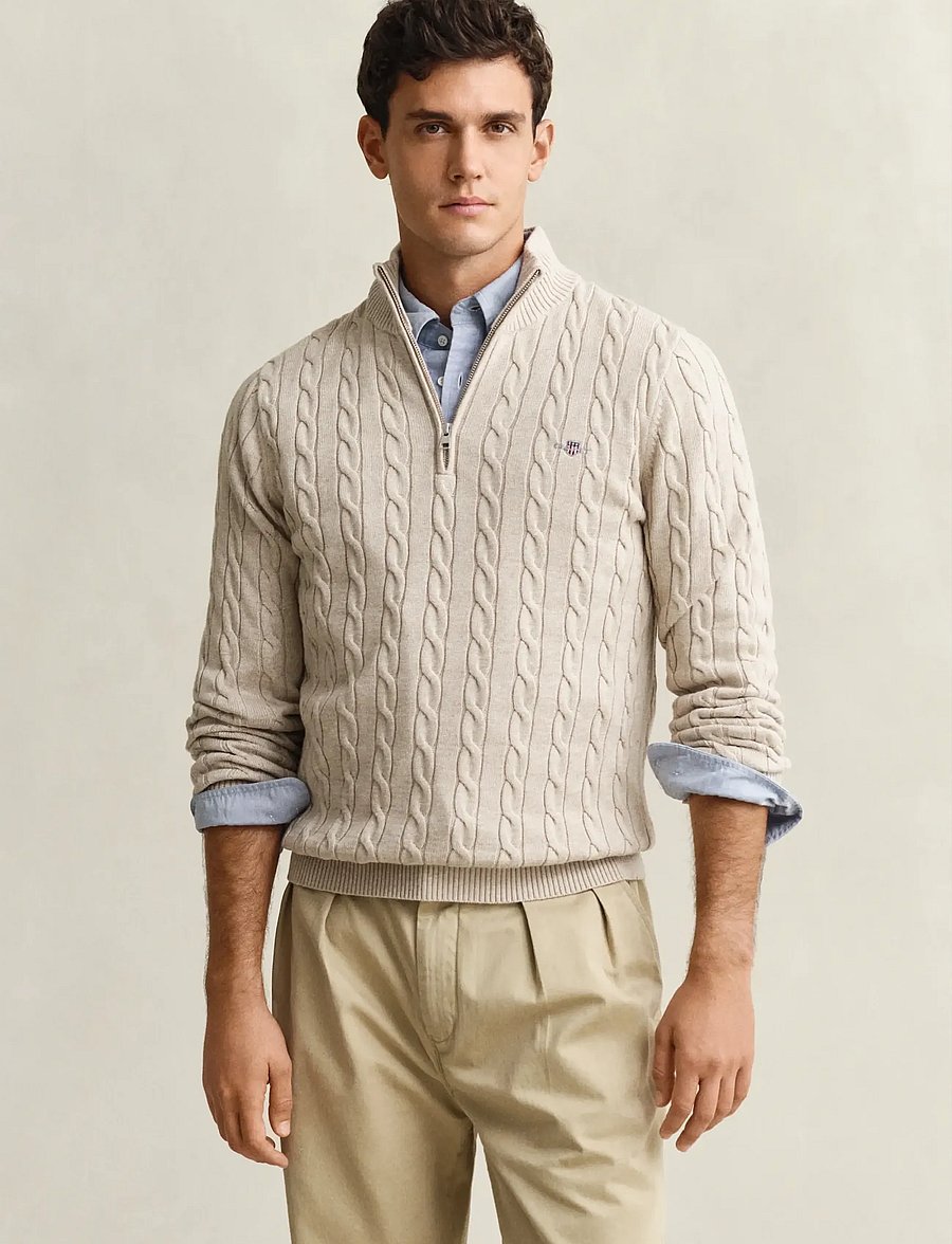 Gant - Cable Knit Half-Zip Sweater - poolpika lukuga džemprid - oat melange - 0