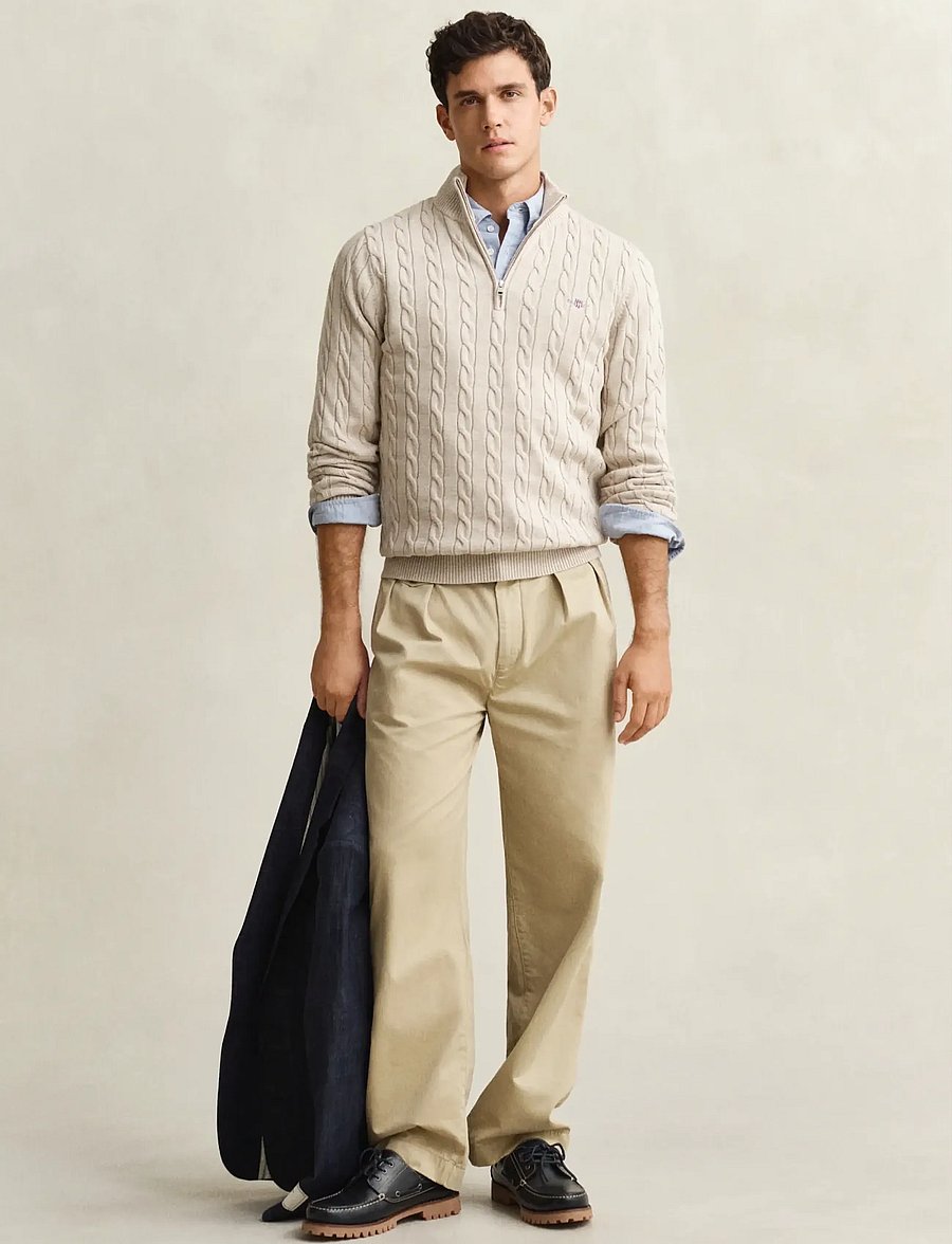 Gant - Cable Knit Half-Zip Sweater - poolpika lukuga džemprid - oat melange - 4
