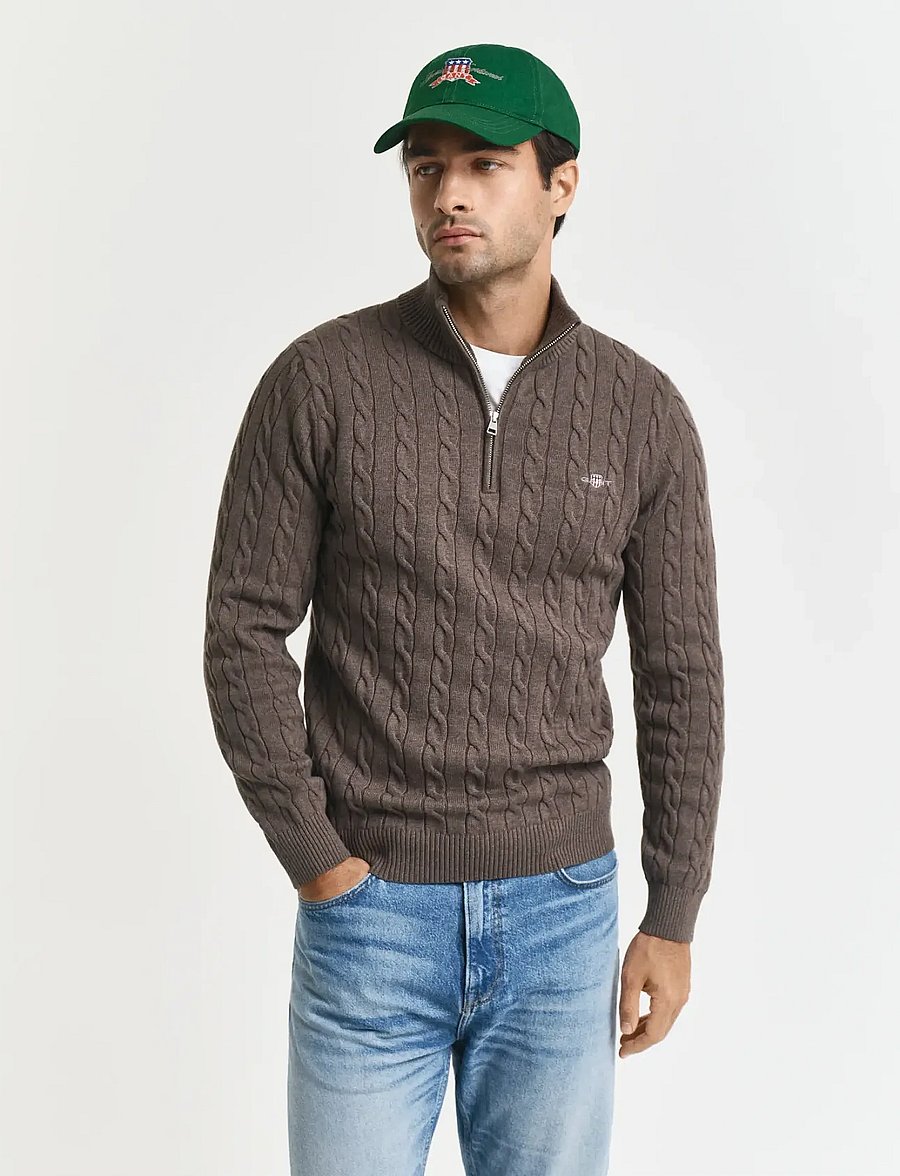 Gant - Cable Knit Half-Zip Sweater - halfzip strik - seawood melange - 0