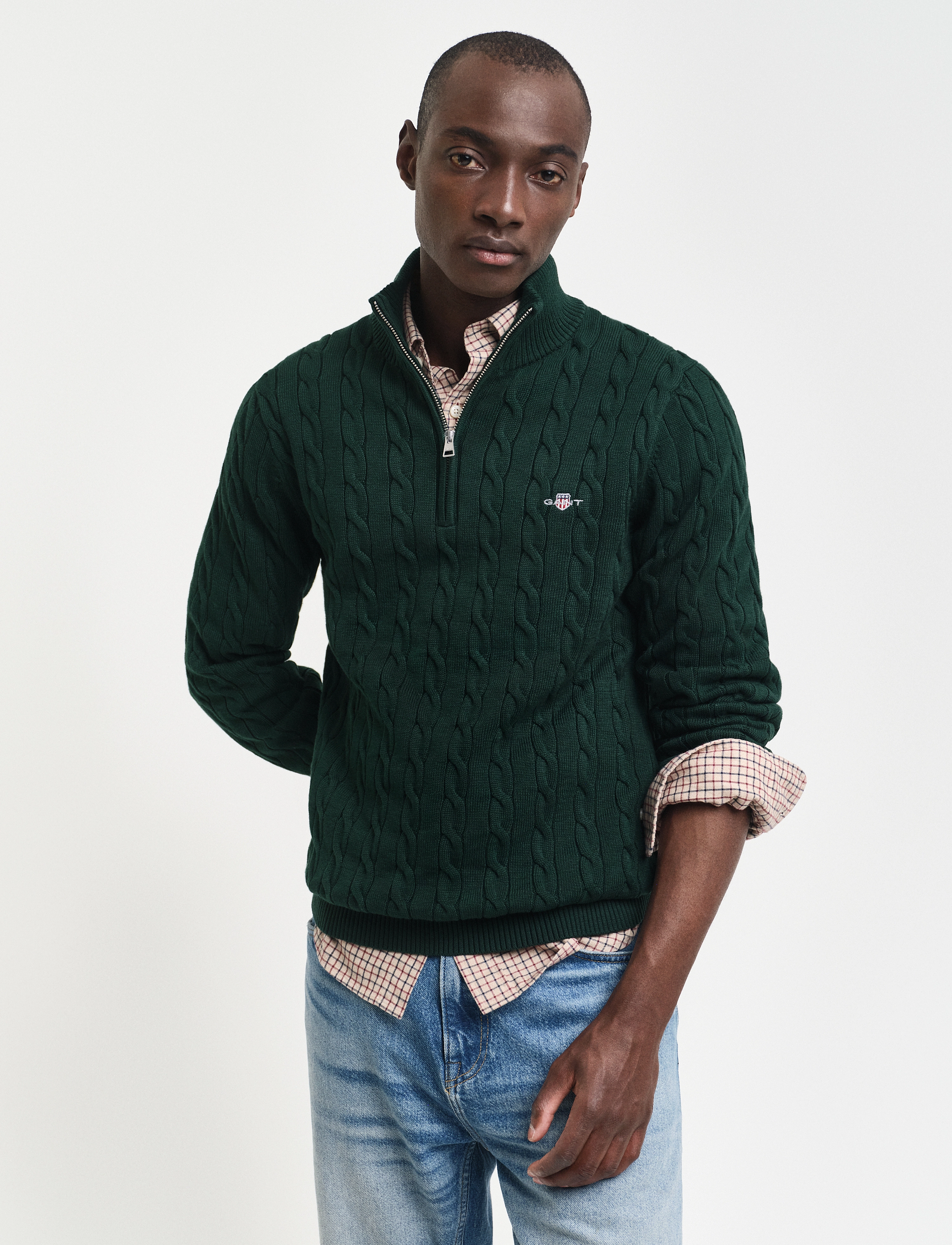 Gant - Cable Knit Half-Zip Sweater - pullover mit halbem reißverschluss - tartan green - 0