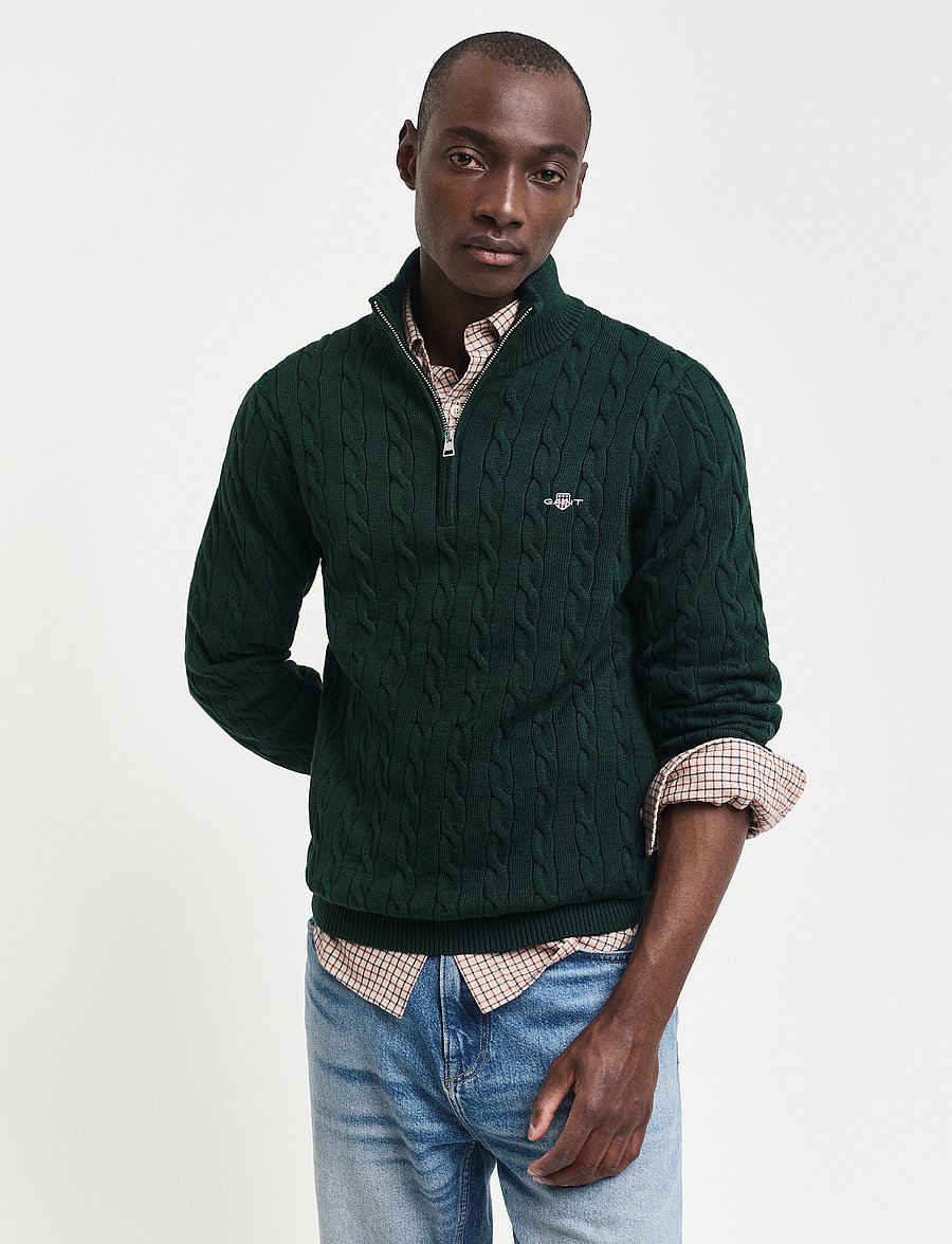 Gant - Cable Knit Half-Zip Sweater - pullover mit halbem reißverschluss - tartan green - 0