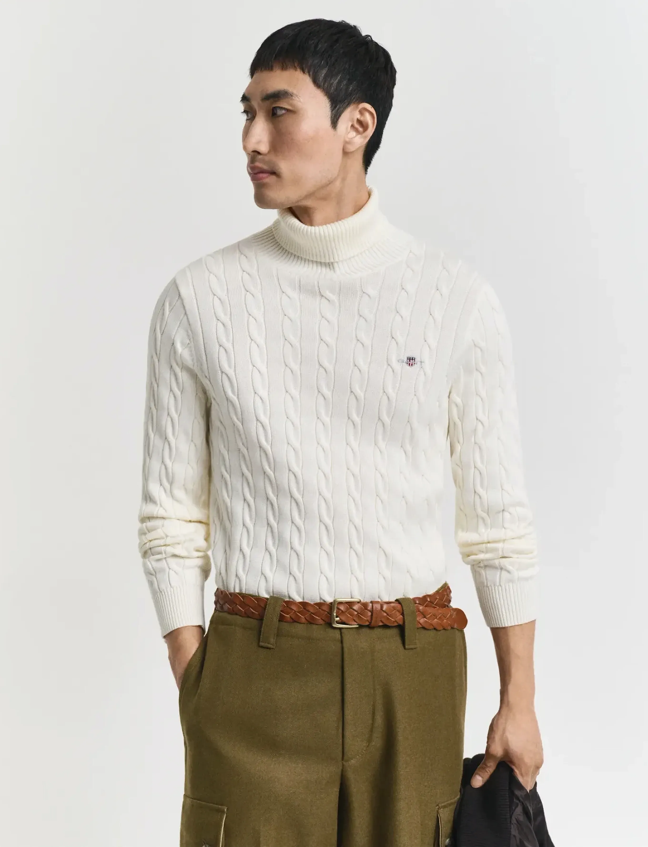 Gant Cotton Cable Turtle Neck, L, Cream, Strik > Rullekraves, Herre