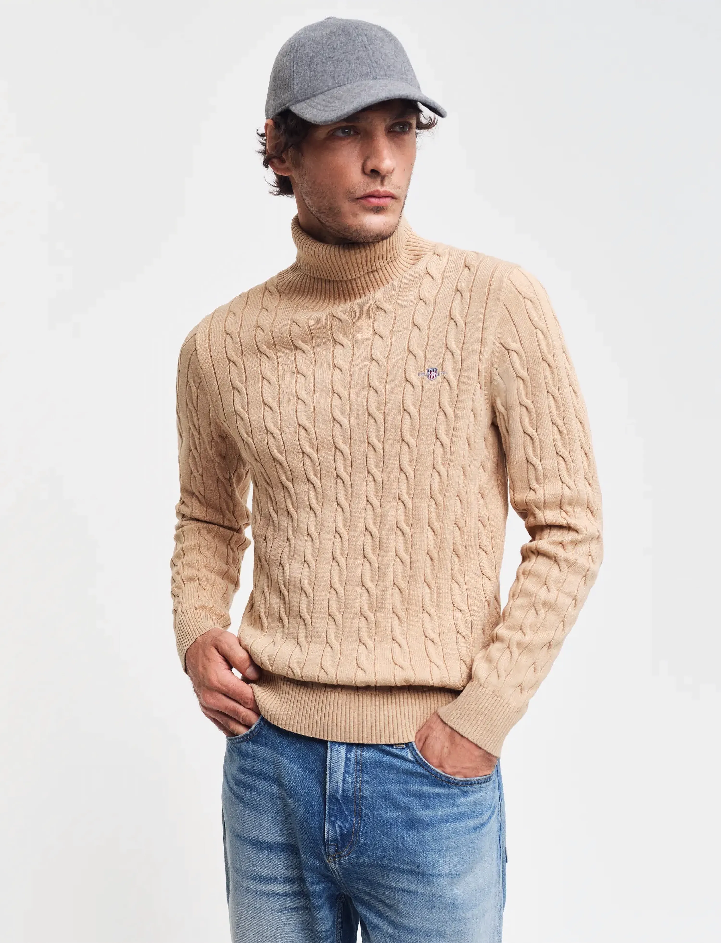 Gant Cotton Cable Turtle Neck, 3XL, Beige, Strik > Rullekraves, Herre