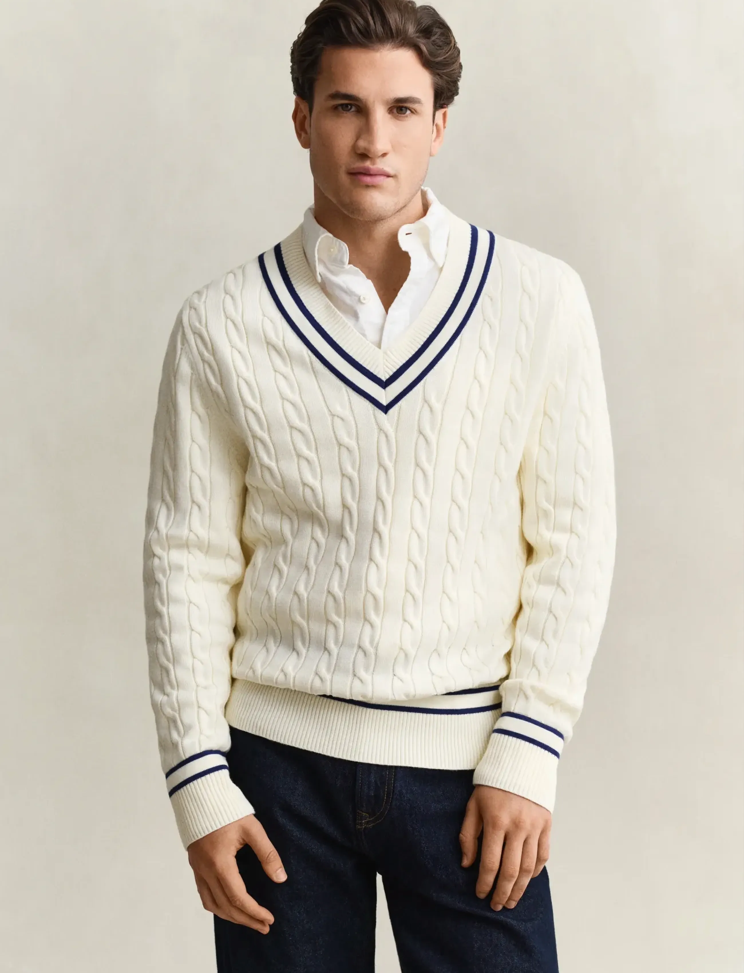 Gant Cotton Cable V-Neck, XL, Cream, Strik > V-Halse, Herre