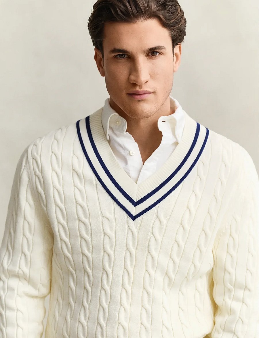 Gant - COTTON CABLE V-NECK - v-ausschnitt - cream - 3