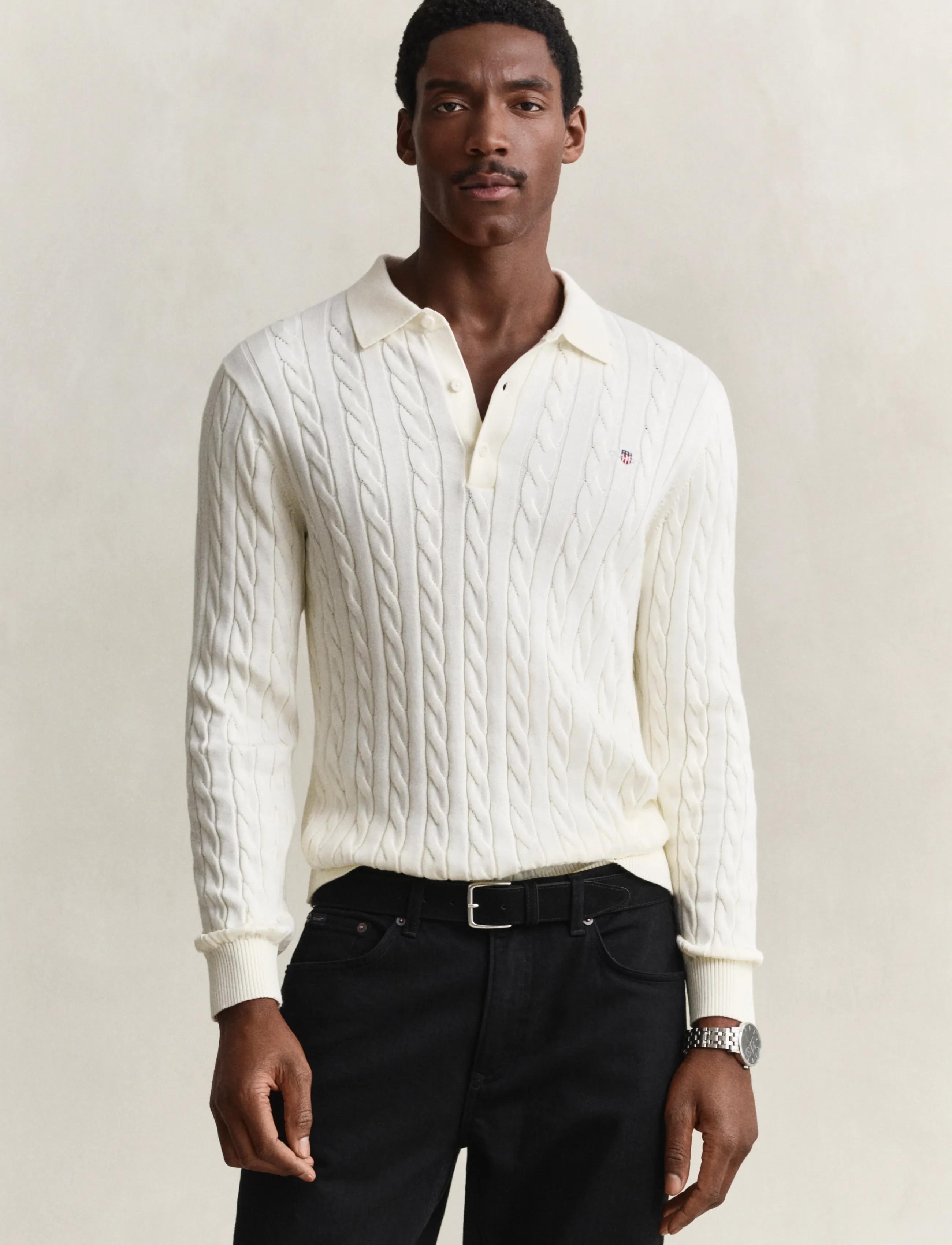 Gant Classic Cable Knit Sweater, Mænd, Kabelstrikket Polosweater, Cream, Str: XXL