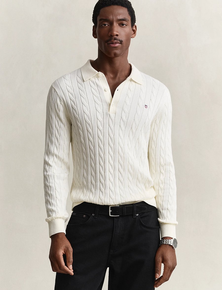 Gant - Classic Cable Knit Sweater - poloer i strik med lange ærmer - cream - 0