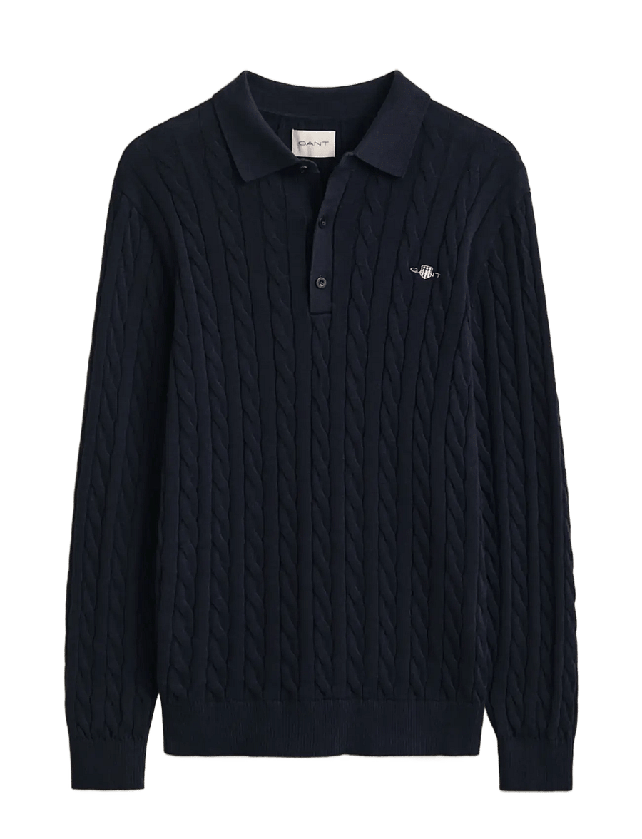 Gant - Classic Cable Knit Sweater - langärmelige strick-polohemden - evening blue - 1
