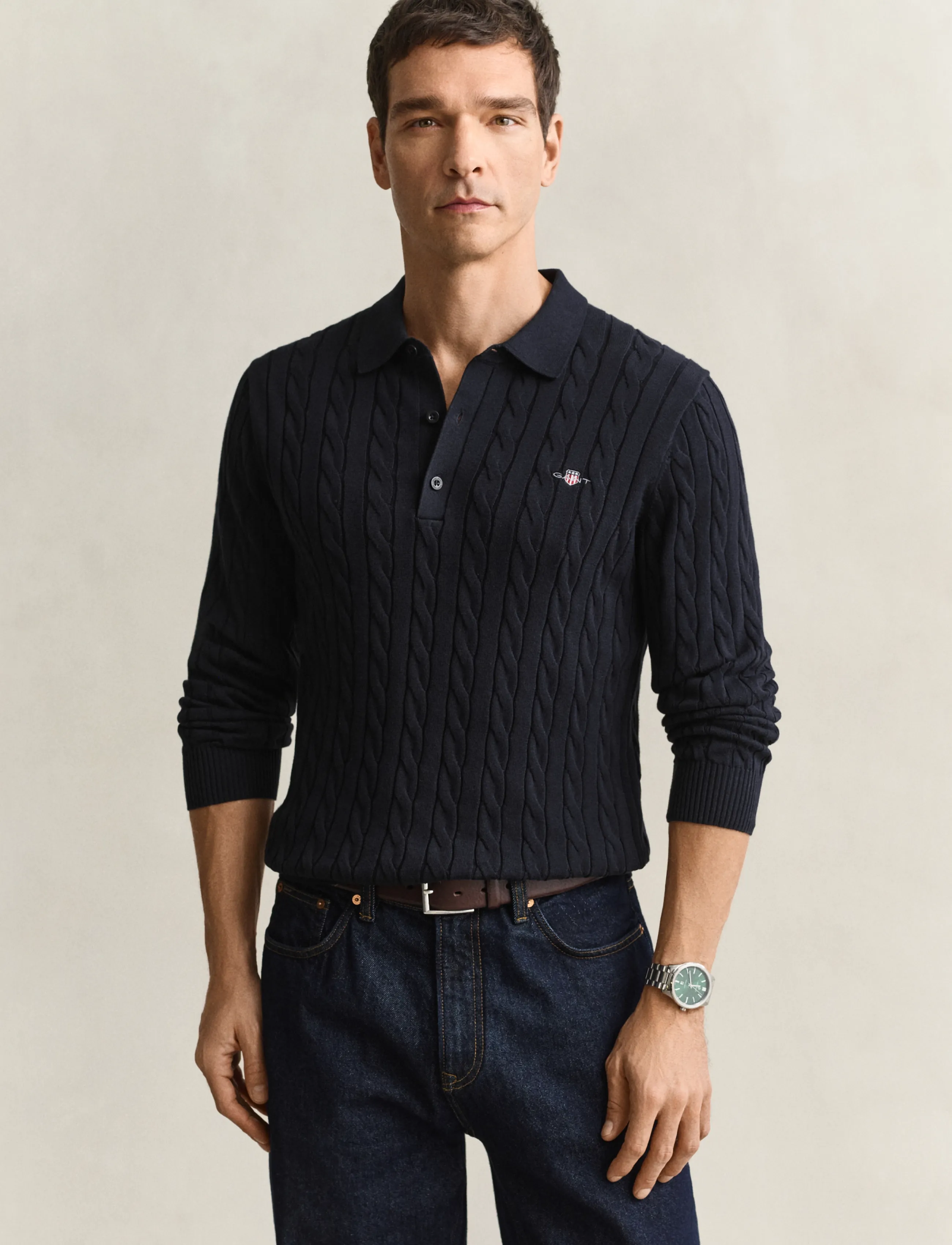 Gant Classic Cable Knit Sweater, M, Knitwear, Marineblau - Long Sleeve Knitted Polos, Männerswear