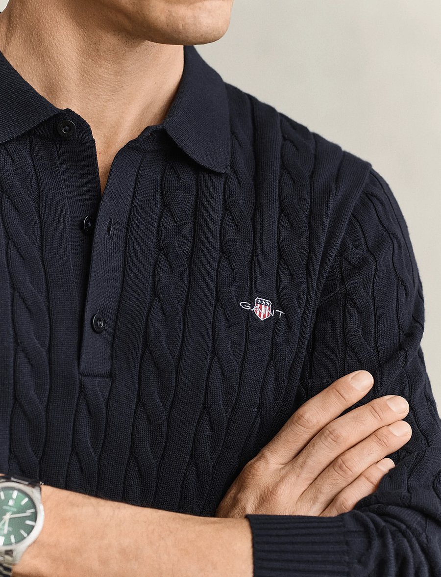 Gant - Classic Cable Knit Sweater - langärmelige strick-polohemden - evening blue - 3