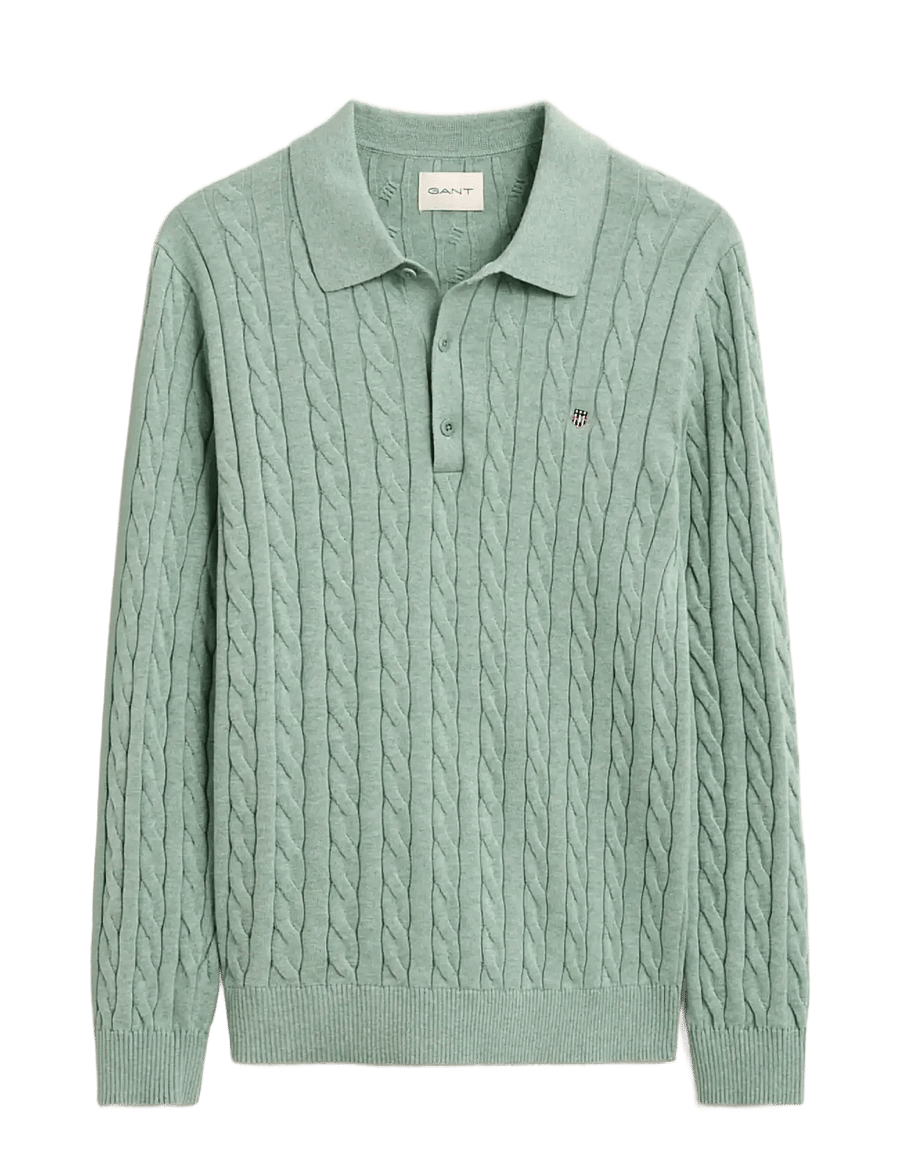 Gant - Classic Cable Knit Sweater - poloer i strik med lange ærmer - soft green melange - 1