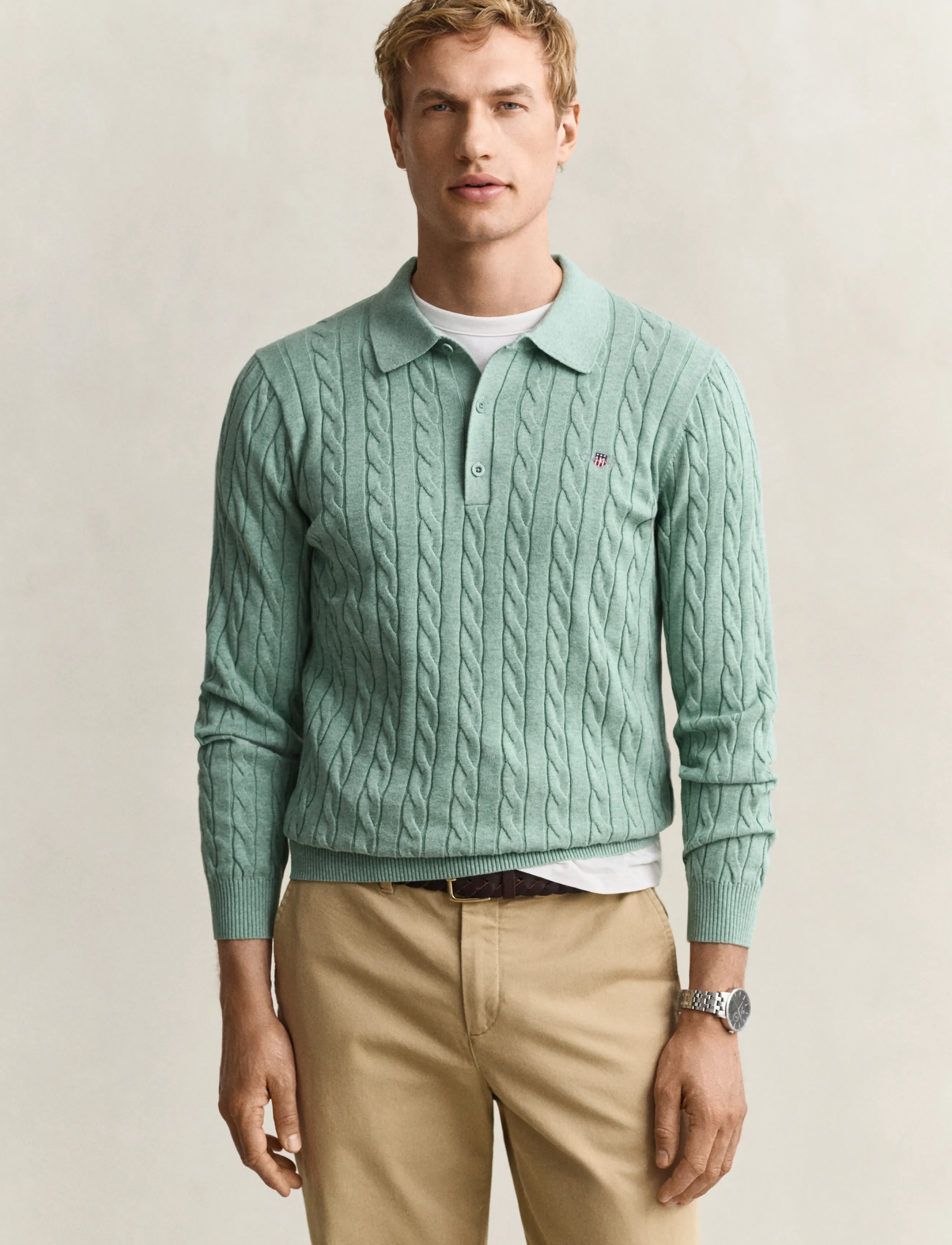 Gant Classic Cable Knit Sweater, M, Knitwear, Grün - Long Sleeve Knitted Polos, Männerswear