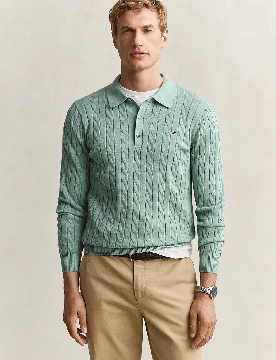 Gant - Classic Cable Knit Sweater - poloer i strik med lange ærmer - soft green melange - 0