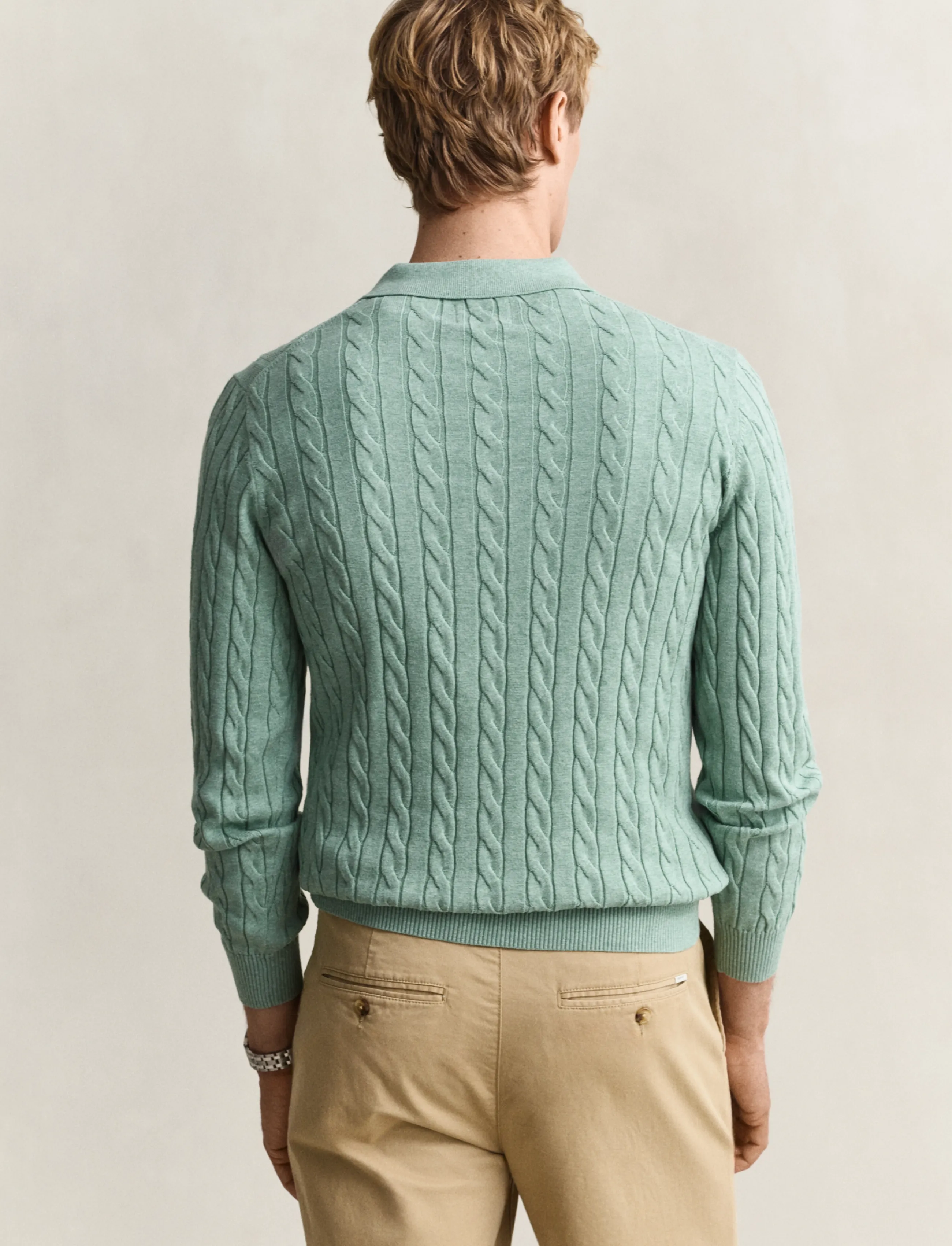 Gant - Classic Cable Knit Sweater - poloer i strik med lange ærmer - soft green melange - 2