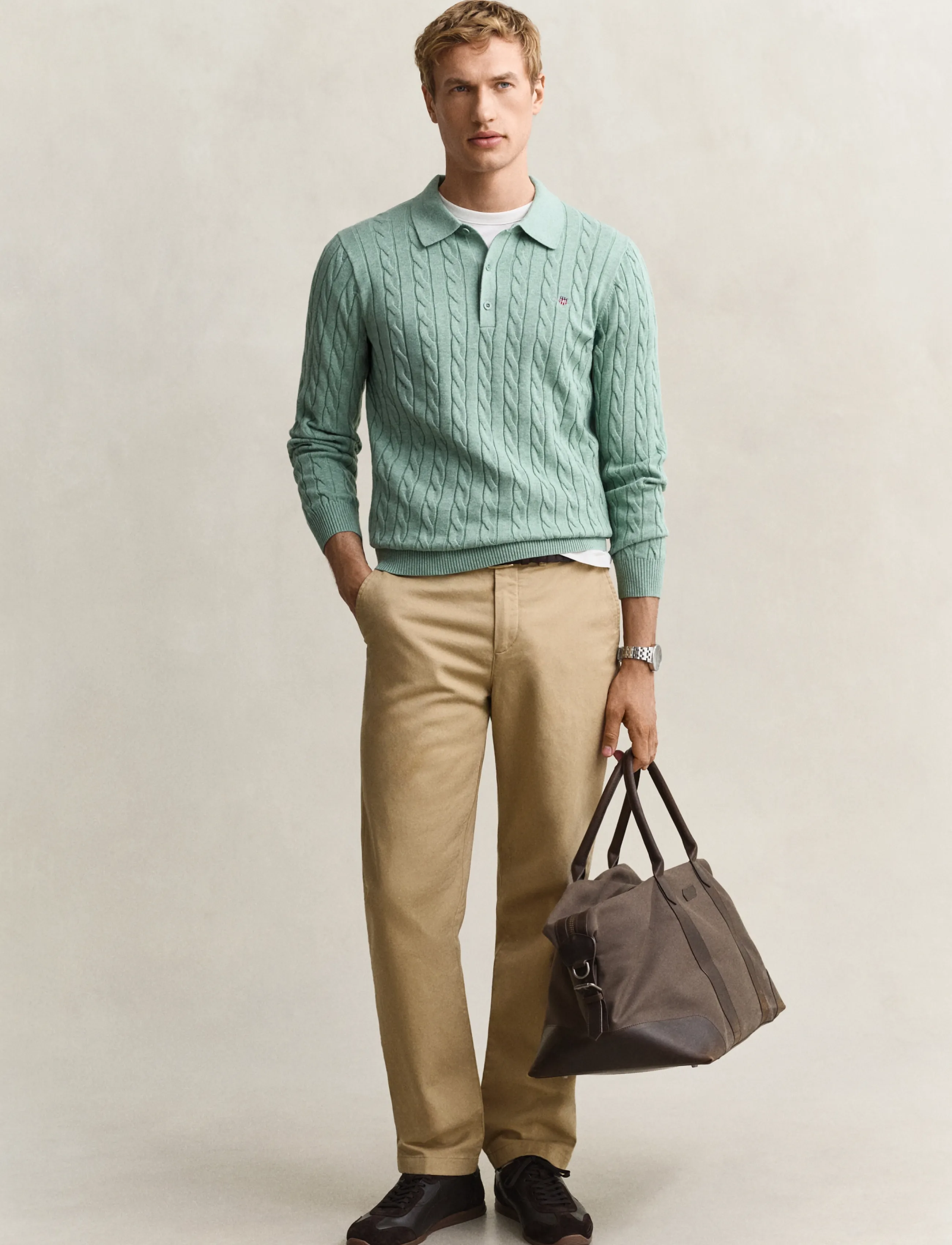 Gant - Classic Cable Knit Sweater - poloer i strik med lange ærmer - soft green melange - 4