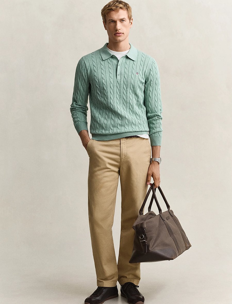 Gant - Classic Cable Knit Sweater - poloer i strik med lange ærmer - soft green melange - 4