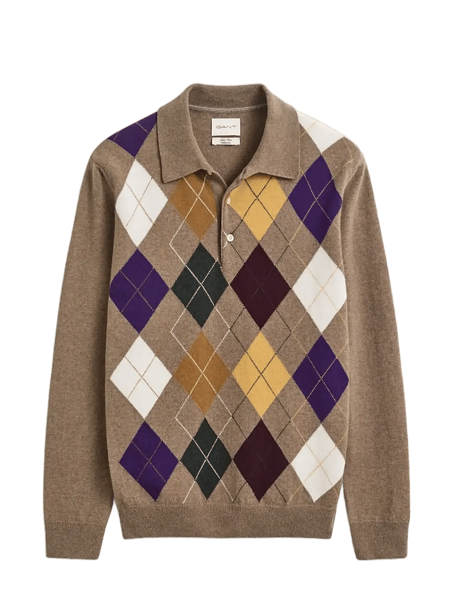 Gant - SUPERFINE LAMBSWOOL ARGYLE POLO - long-sleeved knitted polos - lt brown melange - 1