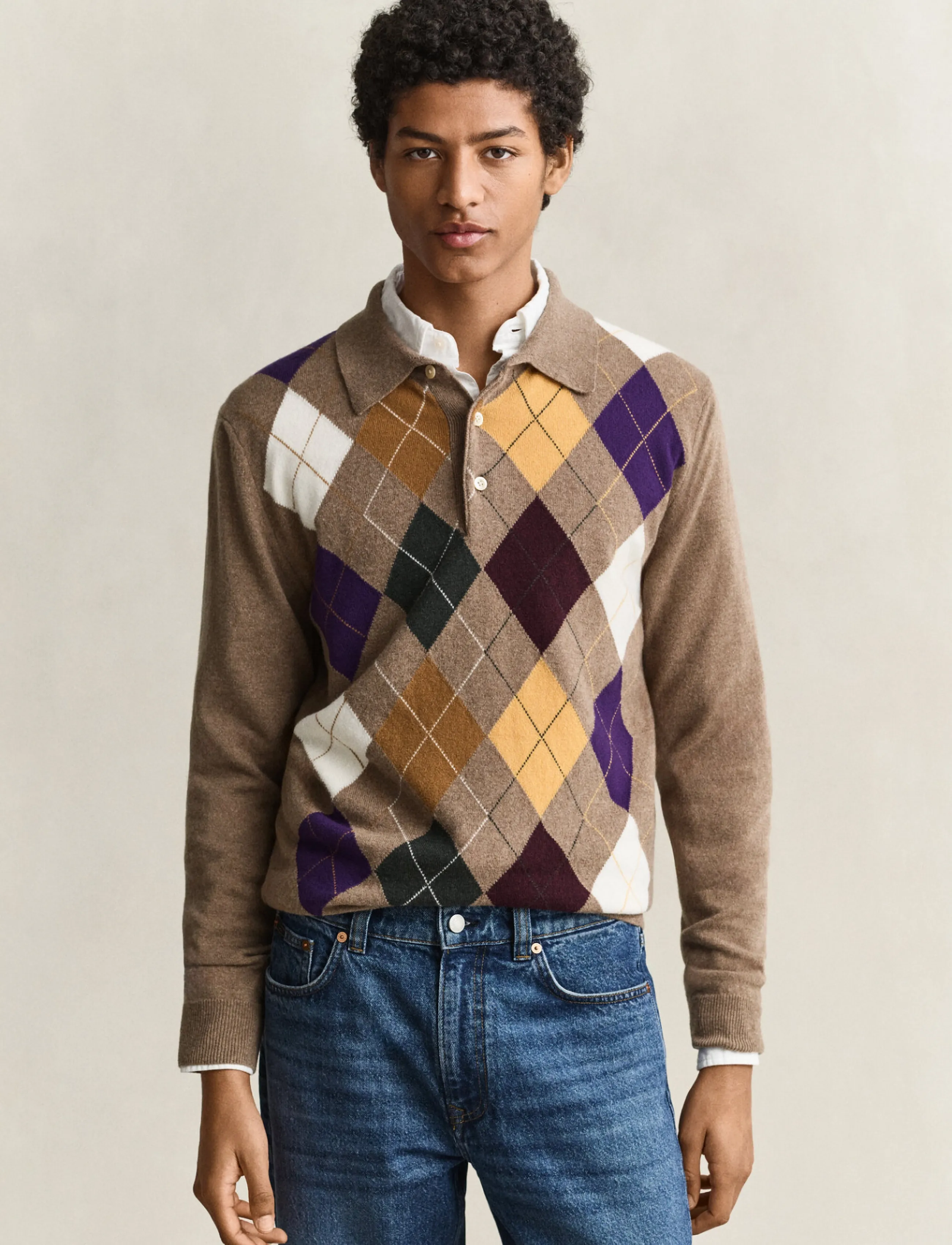 Gant - SUPERFINE LAMBSWOOL ARGYLE POLO - long-sleeved knitted polos - lt brown melange - 0