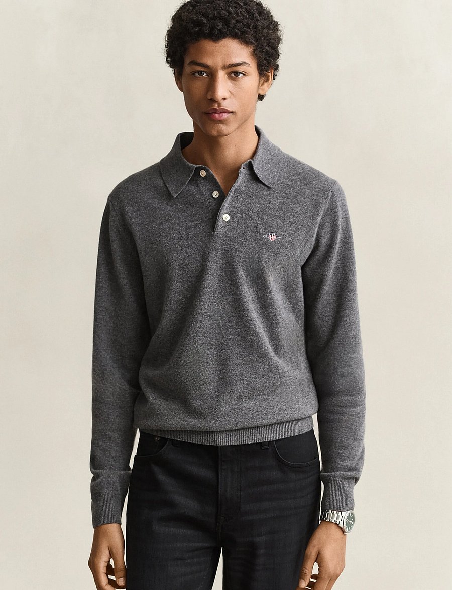 Gant - SUPERFINE LAMBSWOOL POLO - long-sleeved knitted polos - charcoal melange - 0