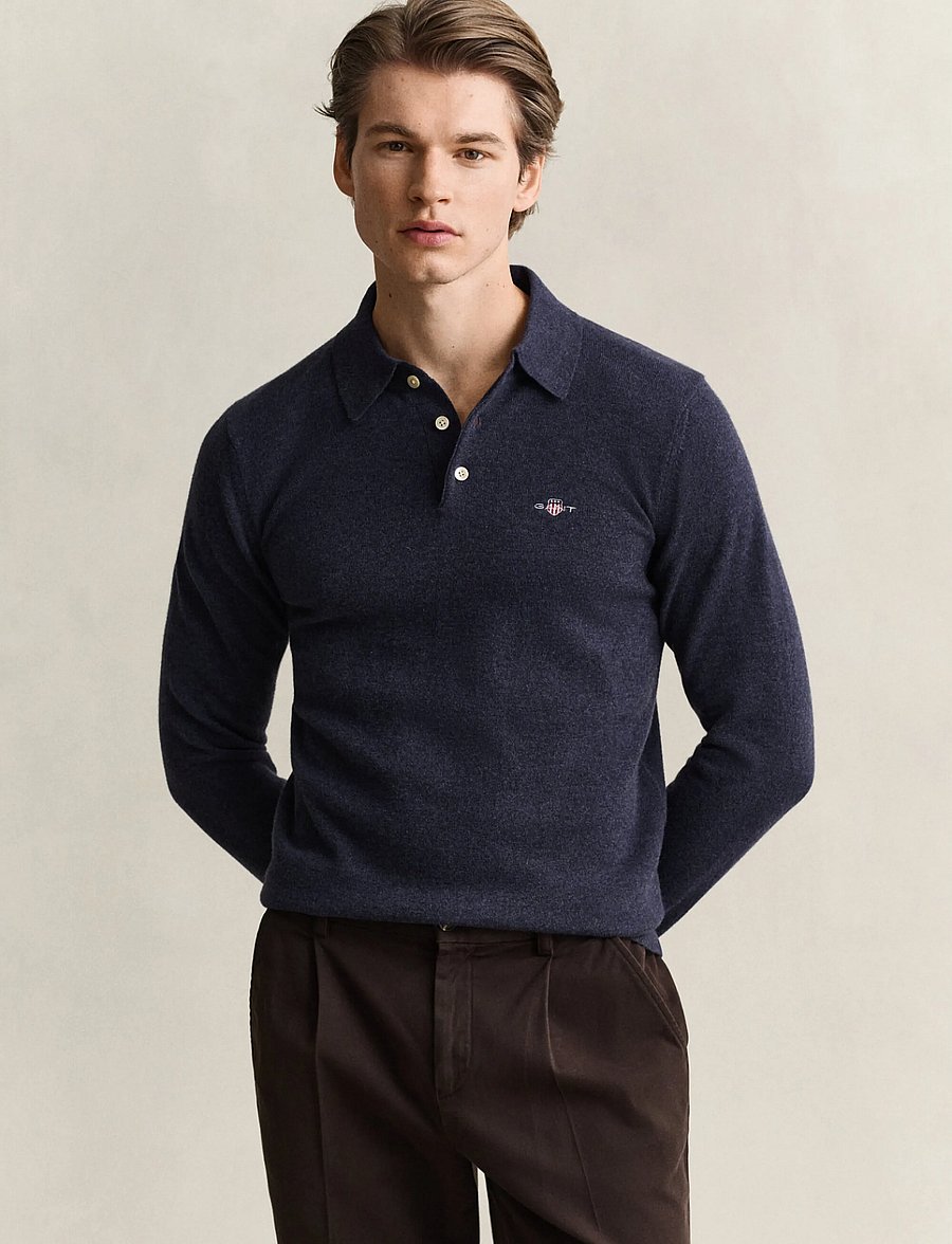 Gant - SUPERFINE LAMBSWOOL POLO - long-sleeved knitted polos - dark navy melange - 0