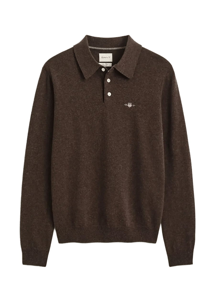 Gant - SUPERFINE LAMBSWOOL POLO - långärmade stickade pikétröjor - dk brown melange - 1