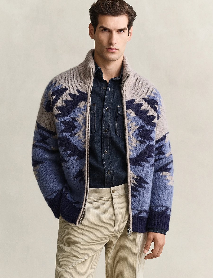 Gant - ALPACA BLEND JACQUARD ZIP CARDIGAN - cardigans - blue horizon - 0