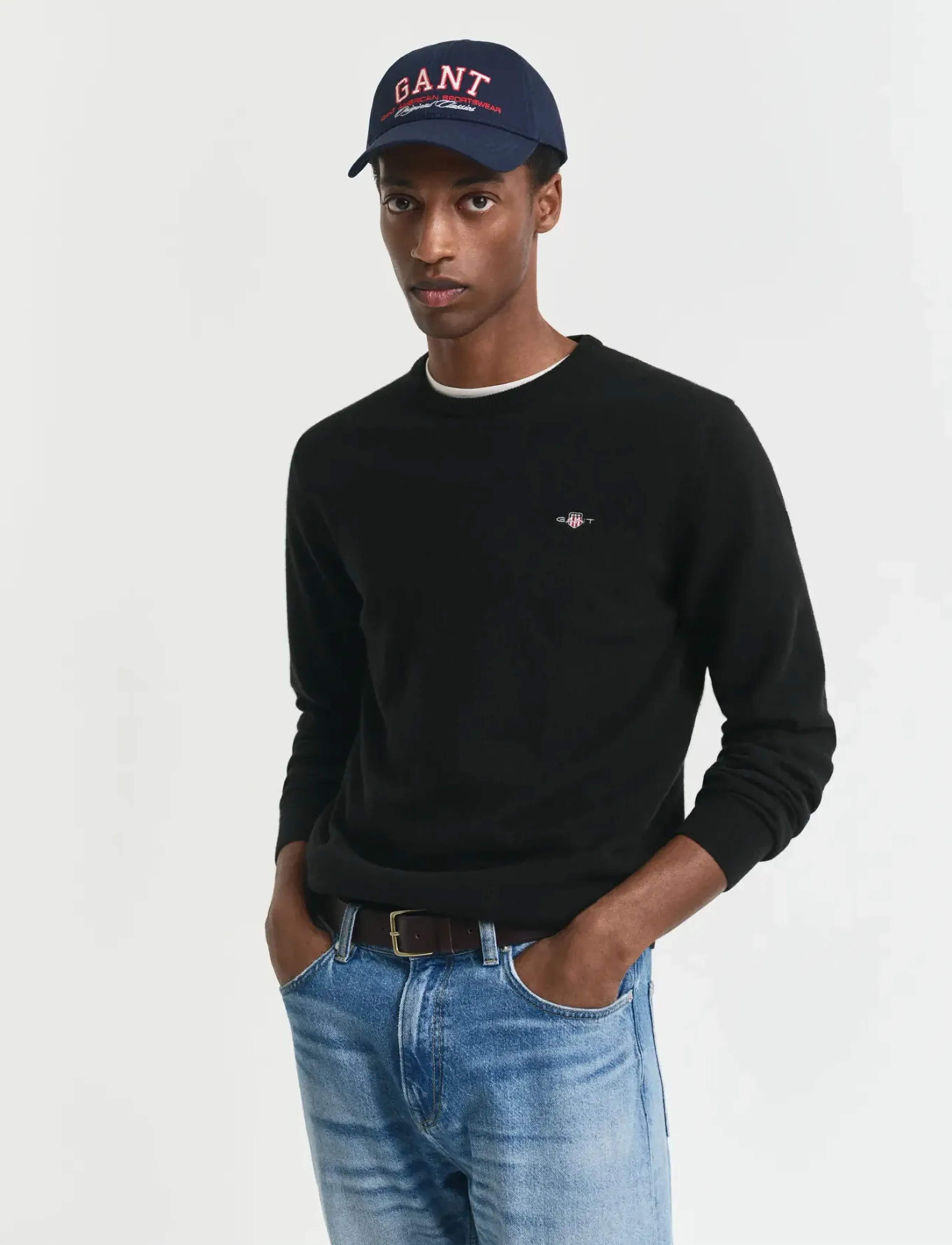 Gant Superfine Lambswool C-Neck, M, Knitwear, Schwarz - Round Necks, Männerswear