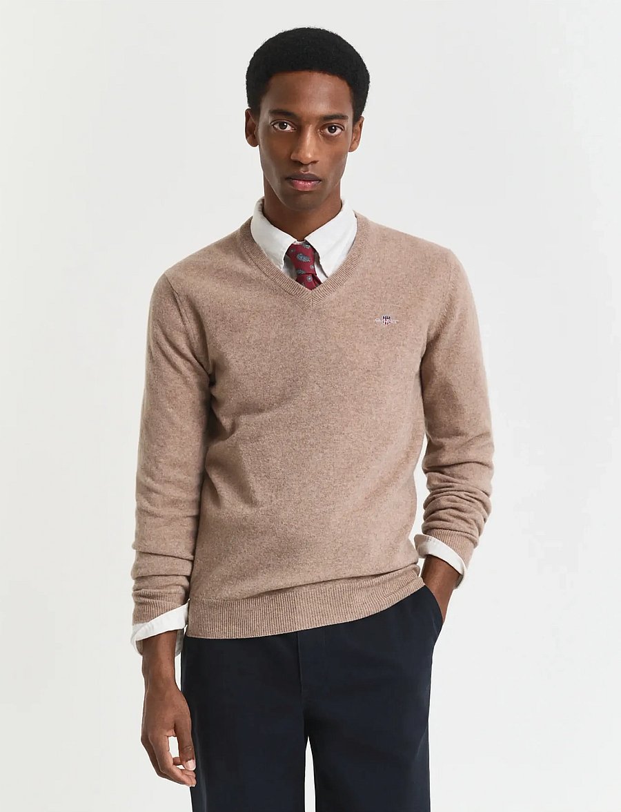 Gant - SUPERFINE LAMBSWOOL V-NECK - v-ausschnitt - dk. sand melange - 0