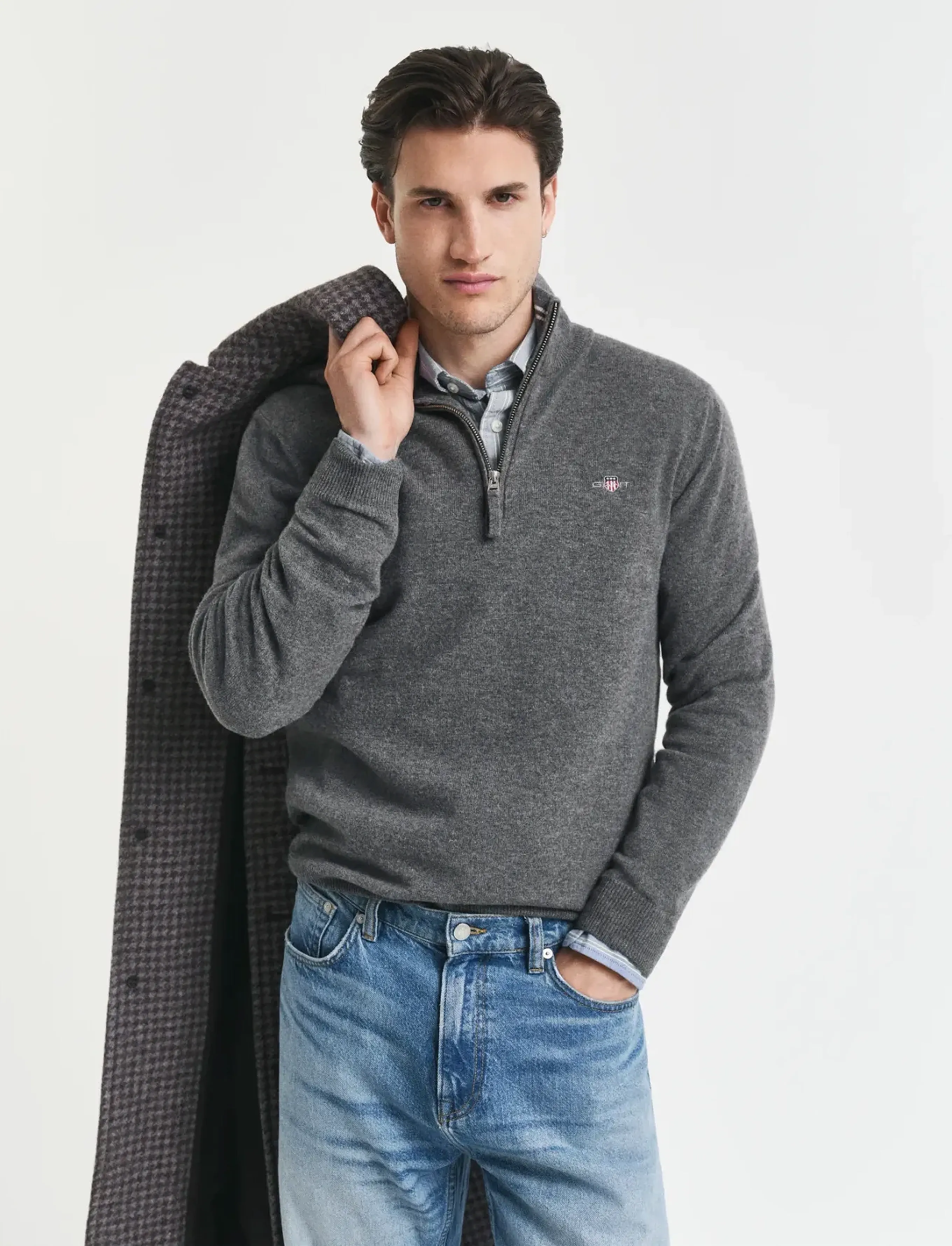 Gant Superfine Lambswool Half Zip, S, Knitwear, Grau - Zip Jumpers, Männerswear