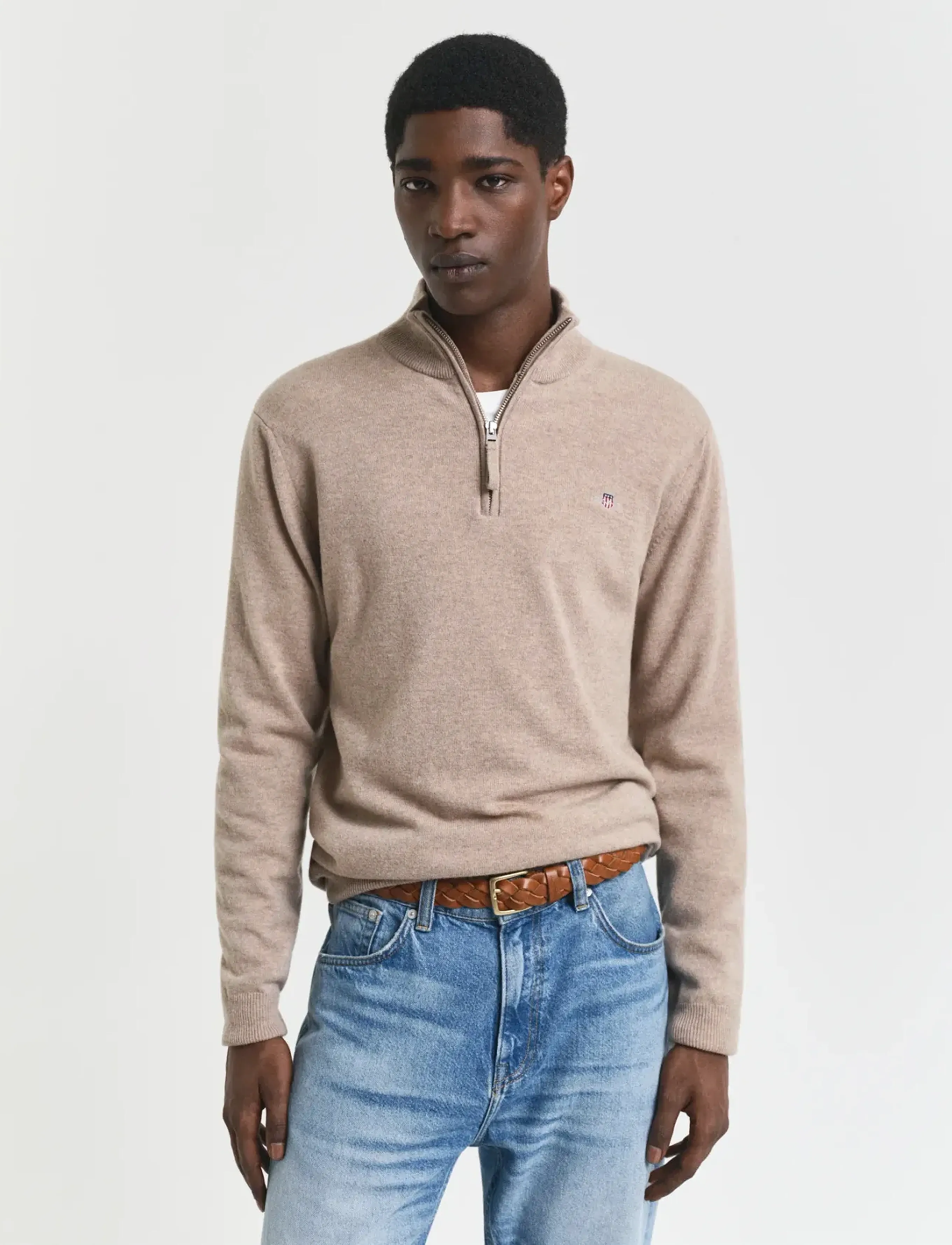 Gant Superfine Lambswool Half Zip, XXL, Knitwear, Beige - Zip Jumpers, Männerswear