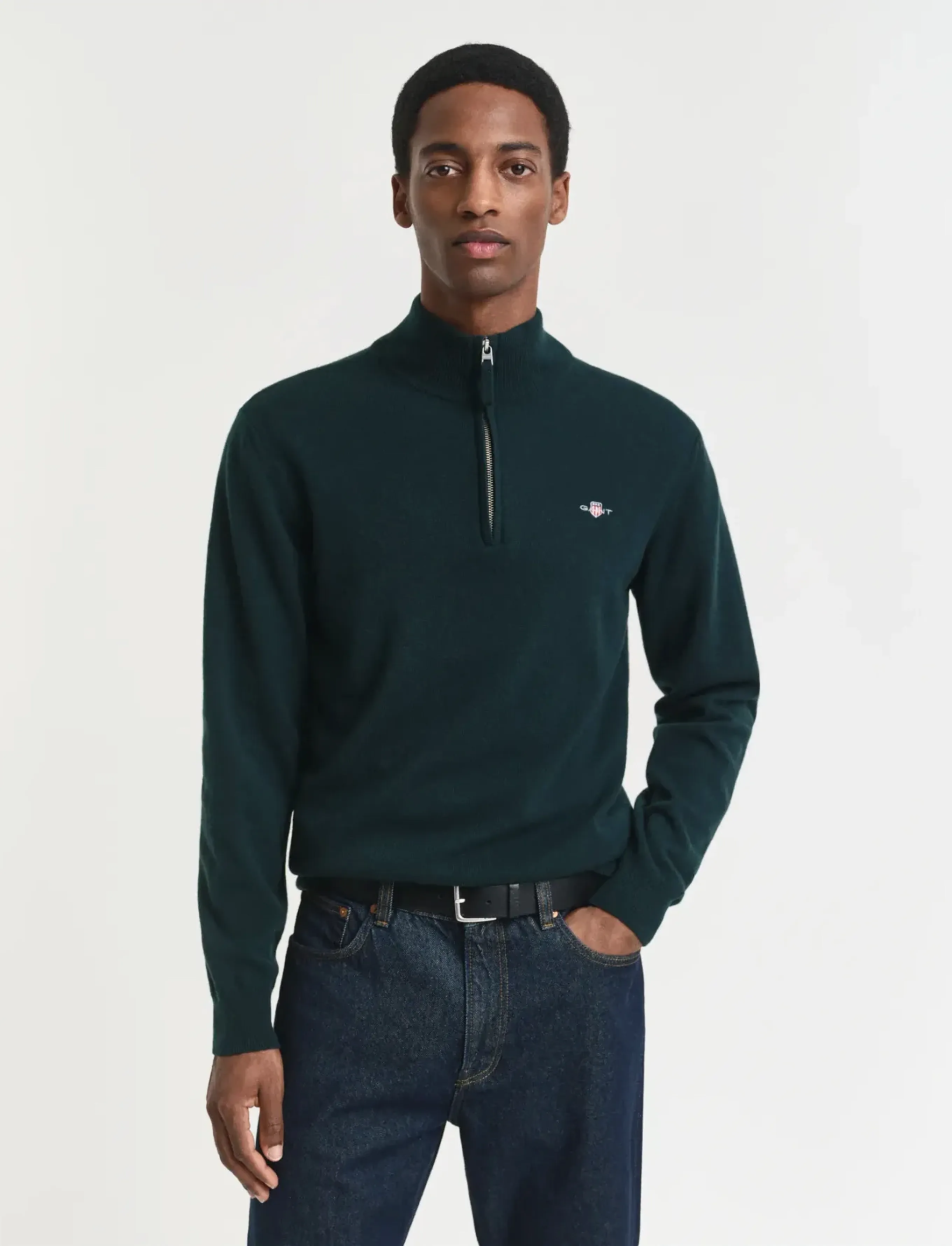 Gant Superfine Lambswool Half Zip, S, Knitwear, Khakigrün - Zip Jumpers, Männerswear