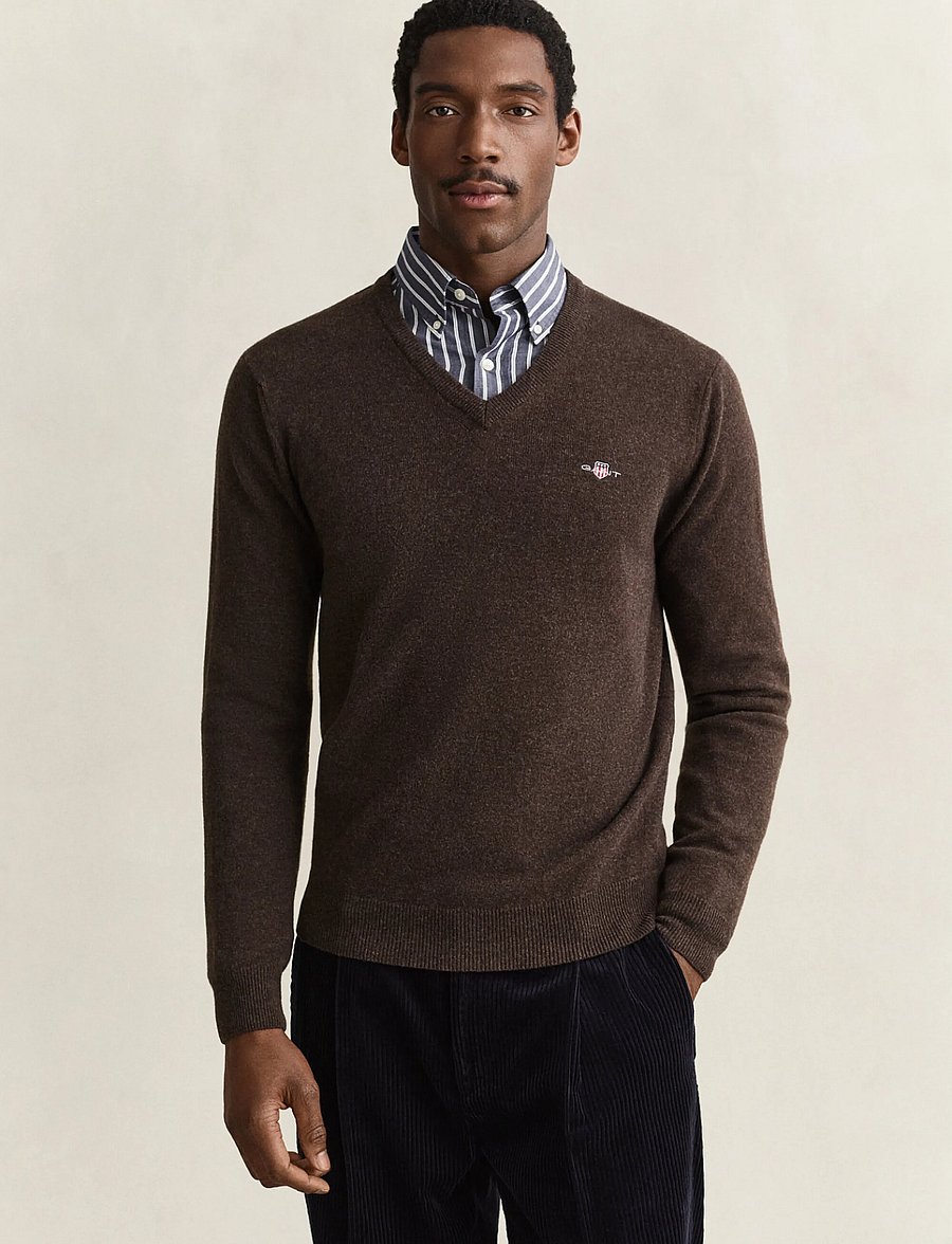 Gant - SUPERFINE LAMBSWOOL V-NECK - v-necks - dk brown melange - 0
