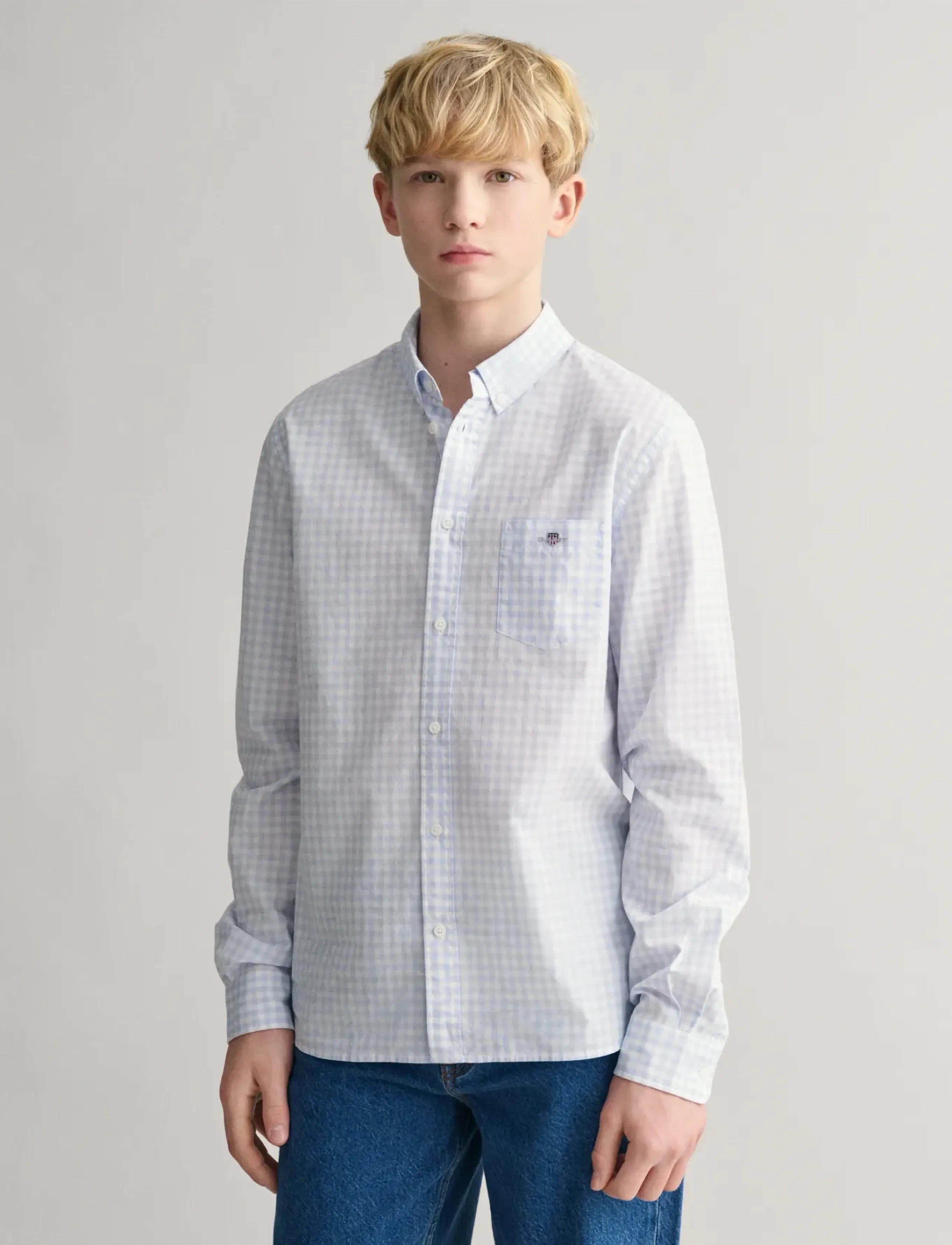 Gant Poplin Gingham Shield Shirt, Børn, Langærmet Gingham Skjorte, Blå, Str: 170