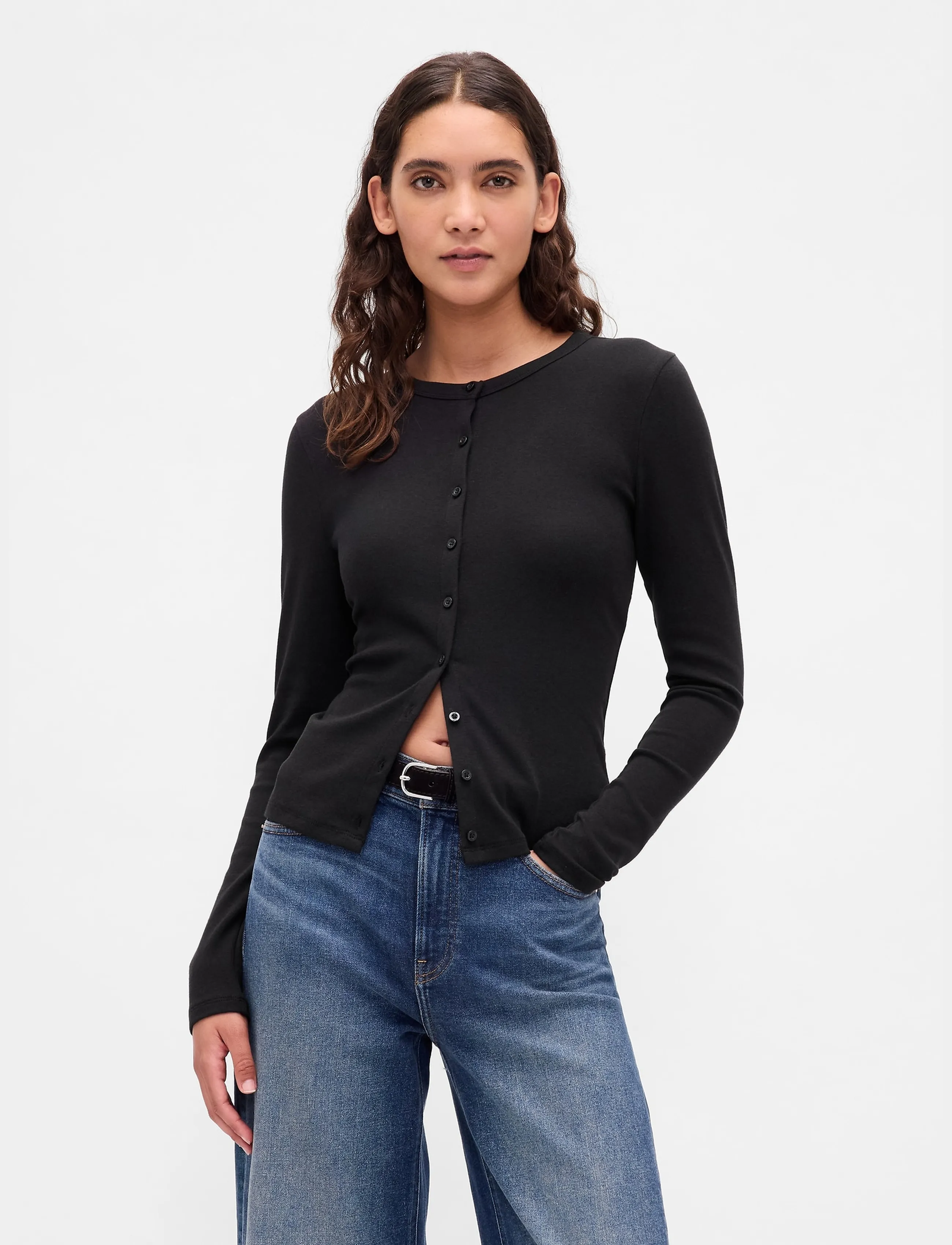 GAP Modern Crewneck Cardigan From The Gap Collection, Kvinder, Rundhalset Cardigan, Sort, Str: S
