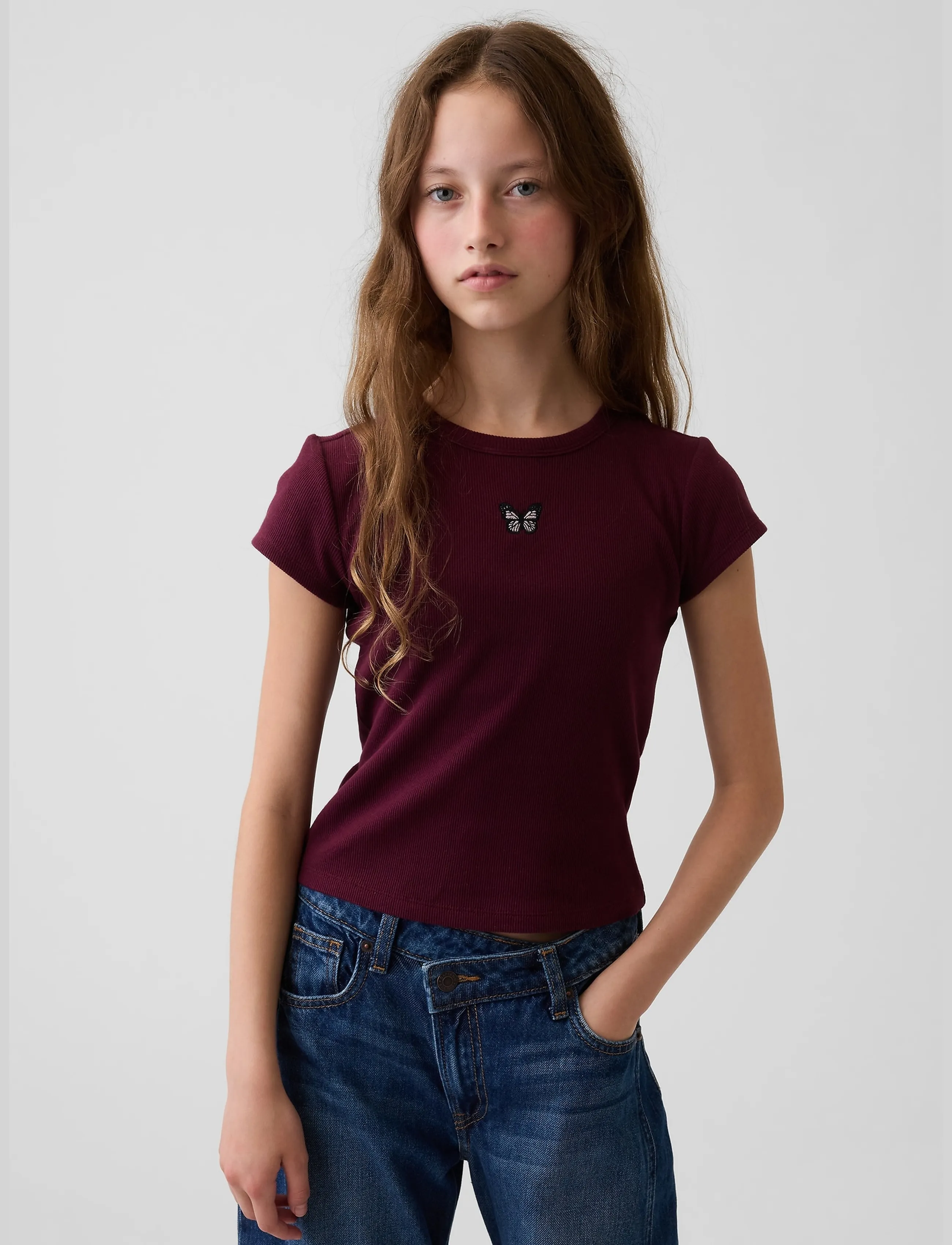 GAP Kids Rib T-Shirt From The Gap Collection, 152/158, T-shirts, Burgunderrot - Short-sleeved, Kinder