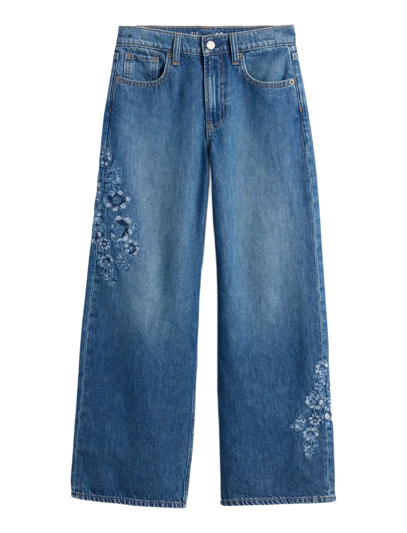 GAP Kids Low Rise Stride Embroidered Floral Wide-Leg Jeans - New Arrivals - MEDIUM WASH / blue