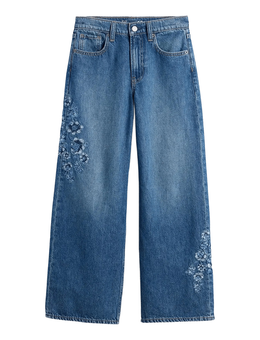 GAP - Kids Low Rise Stride Embroidered Floral Wide-Leg Jeans - medium wash - 1