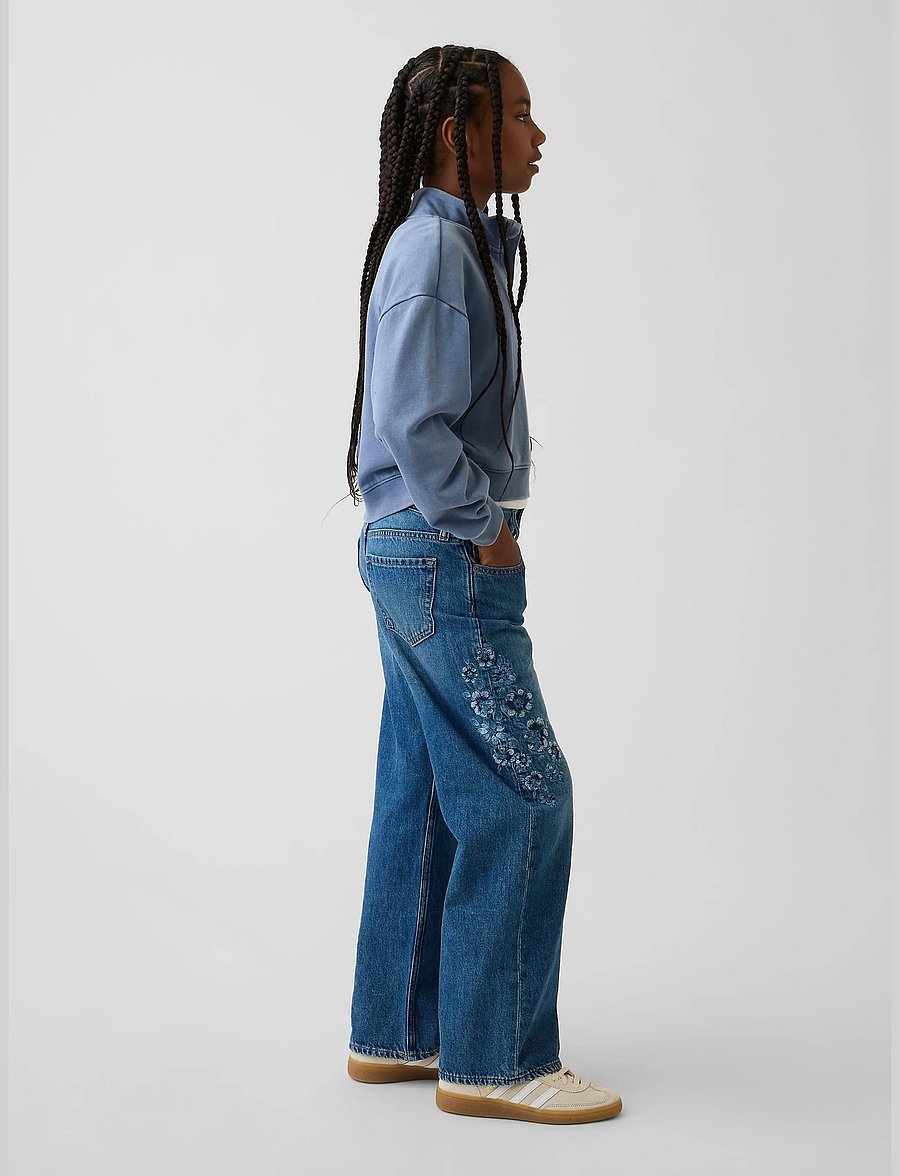 GAP - Kids Low Rise Stride Embroidered Floral Wide-Leg Jeans - medium wash - 0