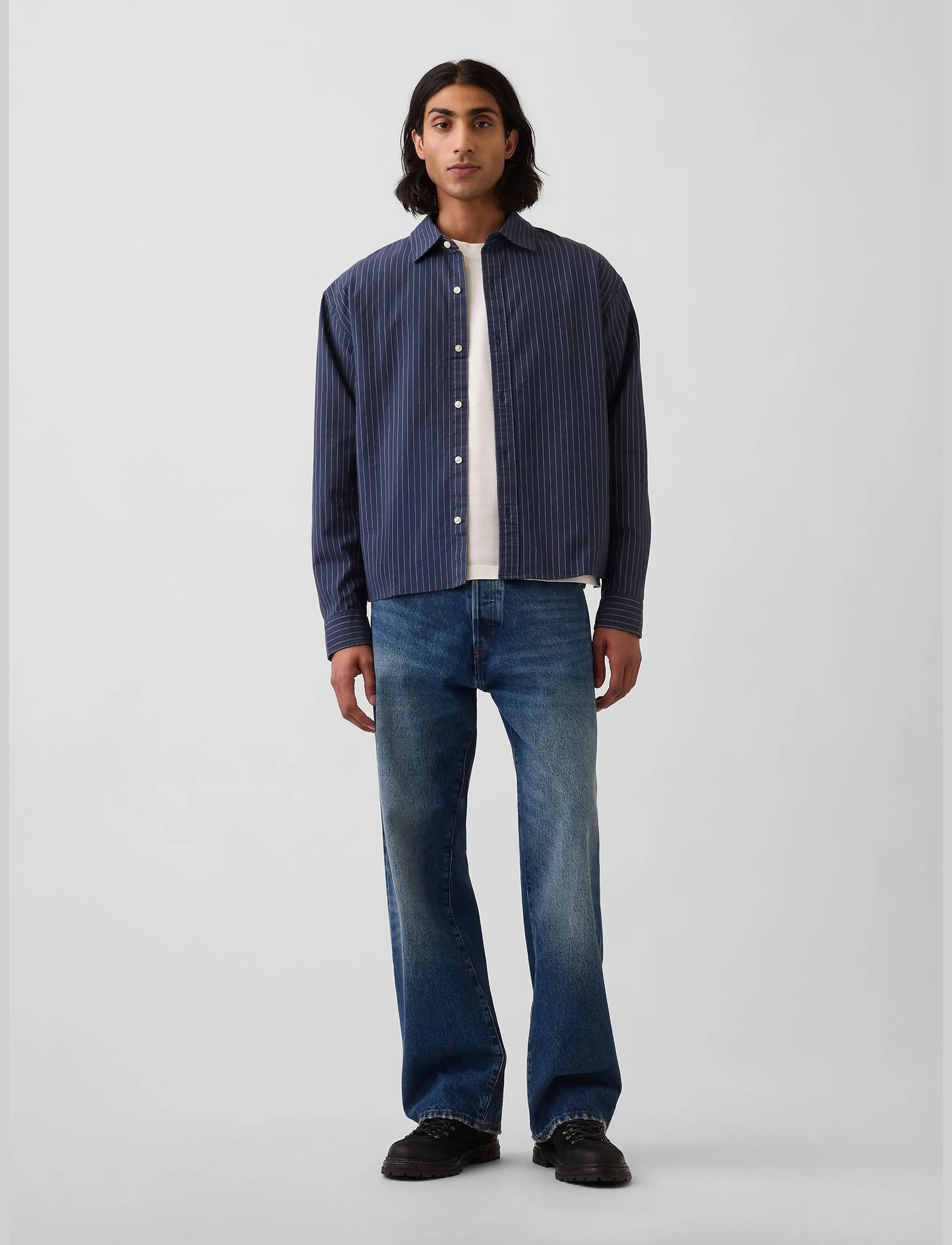 GAP Relaxed Crop Straight-Hem Oxford Shirt - Tøj - BLUE WHITE STRIPE / navy