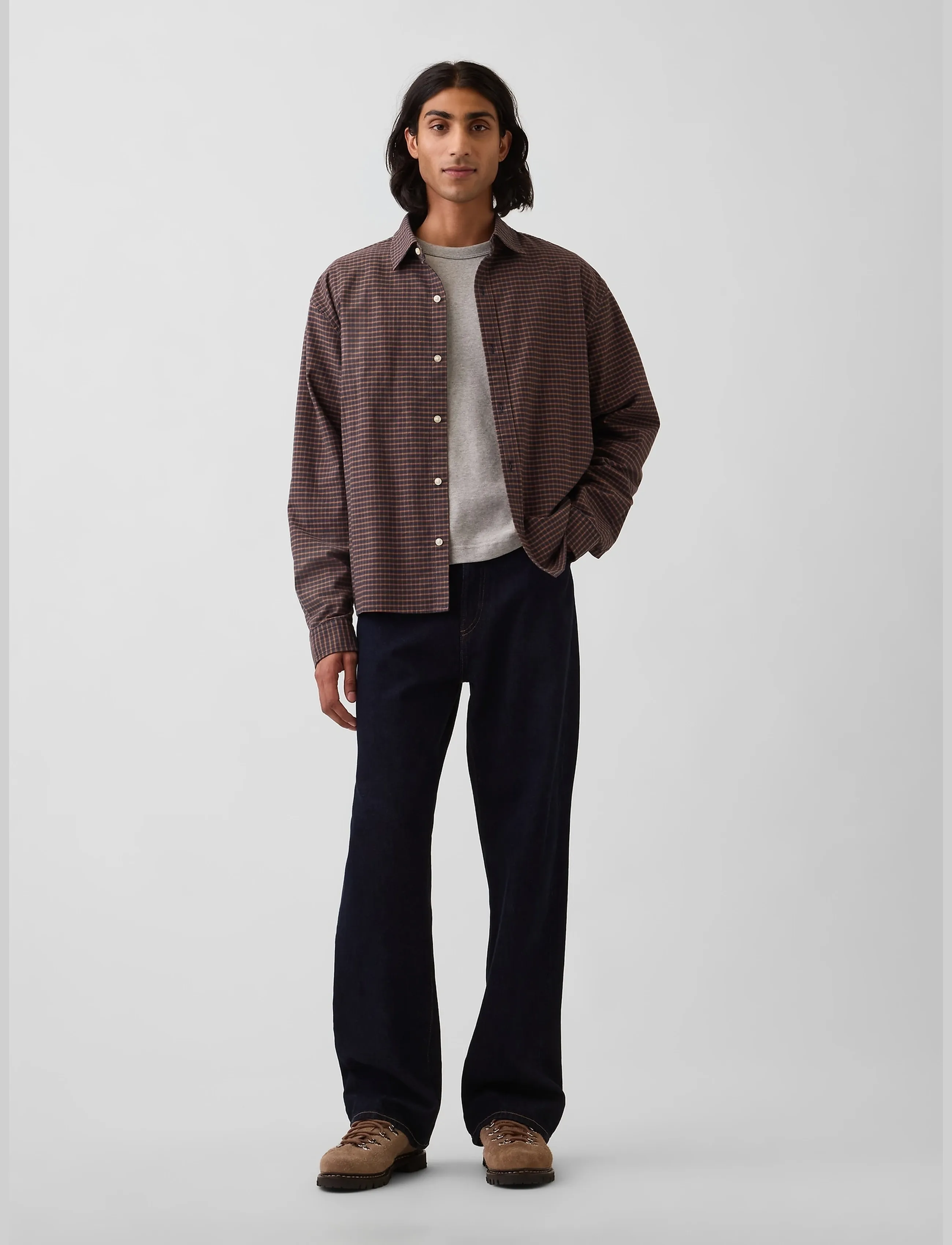 GAP Relaxed Crop Straight-Hem Oxford Shirt - Tøj - BROWN NAVY PLAID / navy