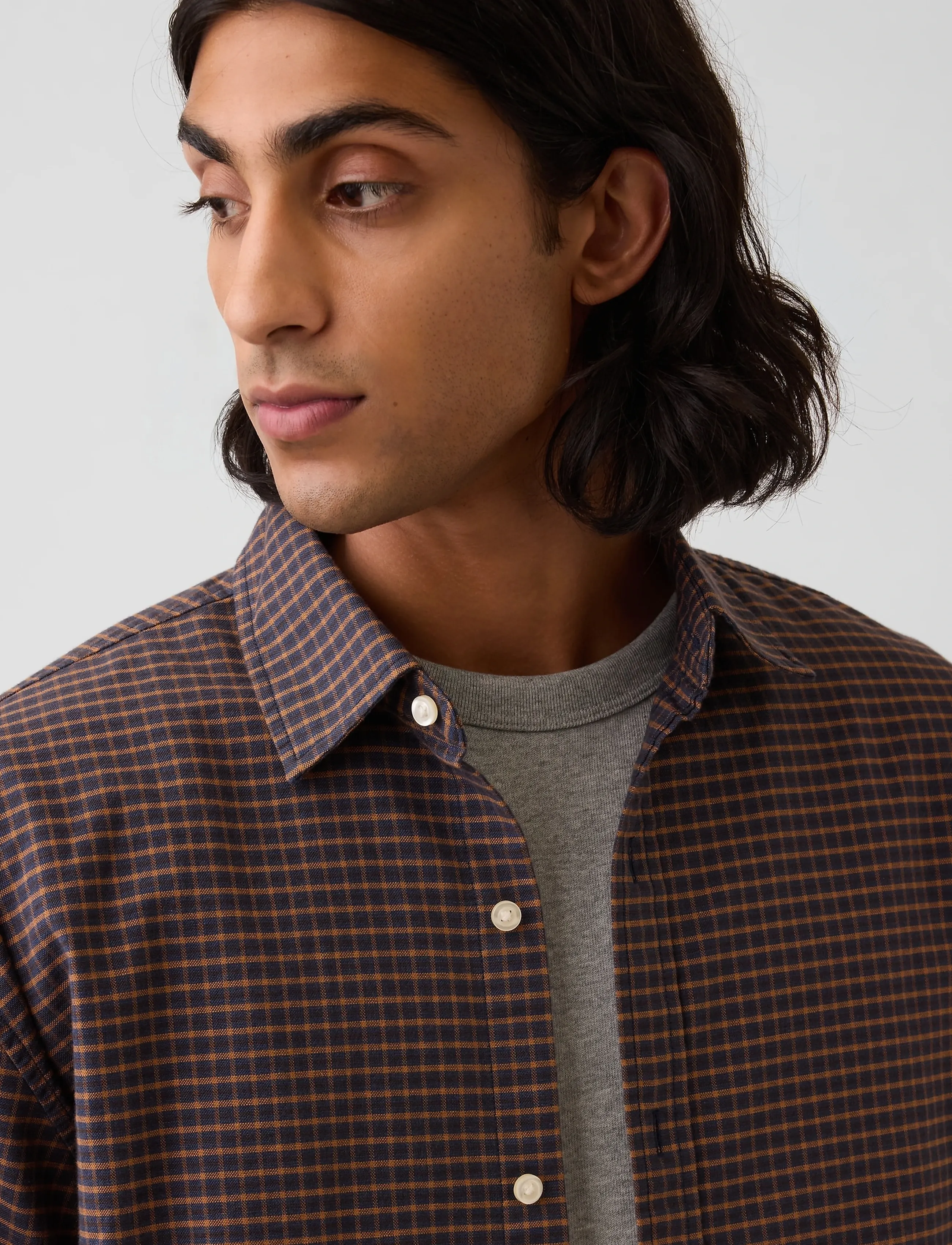 GAP - Relaxed Crop Straight-Hem Oxford Shirt - oxford skjorter - brown navy plaid - 2