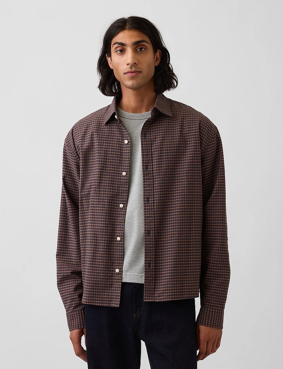 GAP - Relaxed Crop Straight-Hem Oxford Shirt - oxford skjorter - brown navy plaid - 4