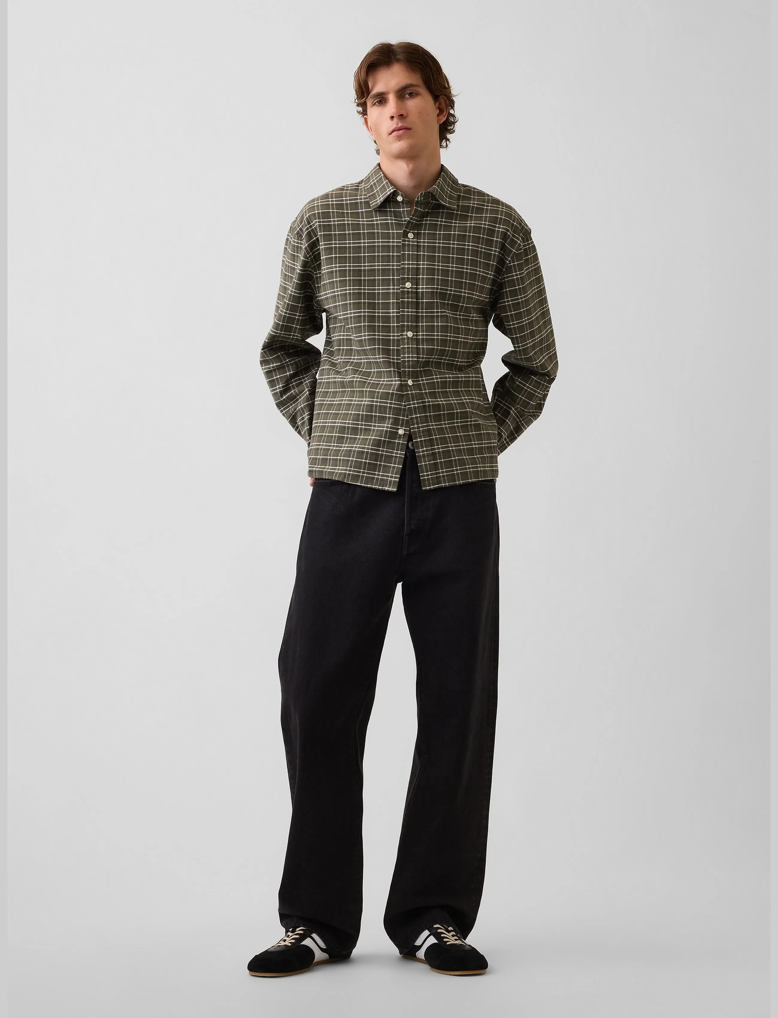 GAP Relaxed Crop Straight-Hem Oxford Shirt - Tøj - OLIVE PLAID / khaki/green