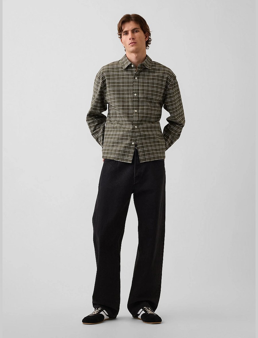 GAP - Relaxed Crop Straight-Hem Oxford Shirt - oxford-skjortor - olive plaid - 0