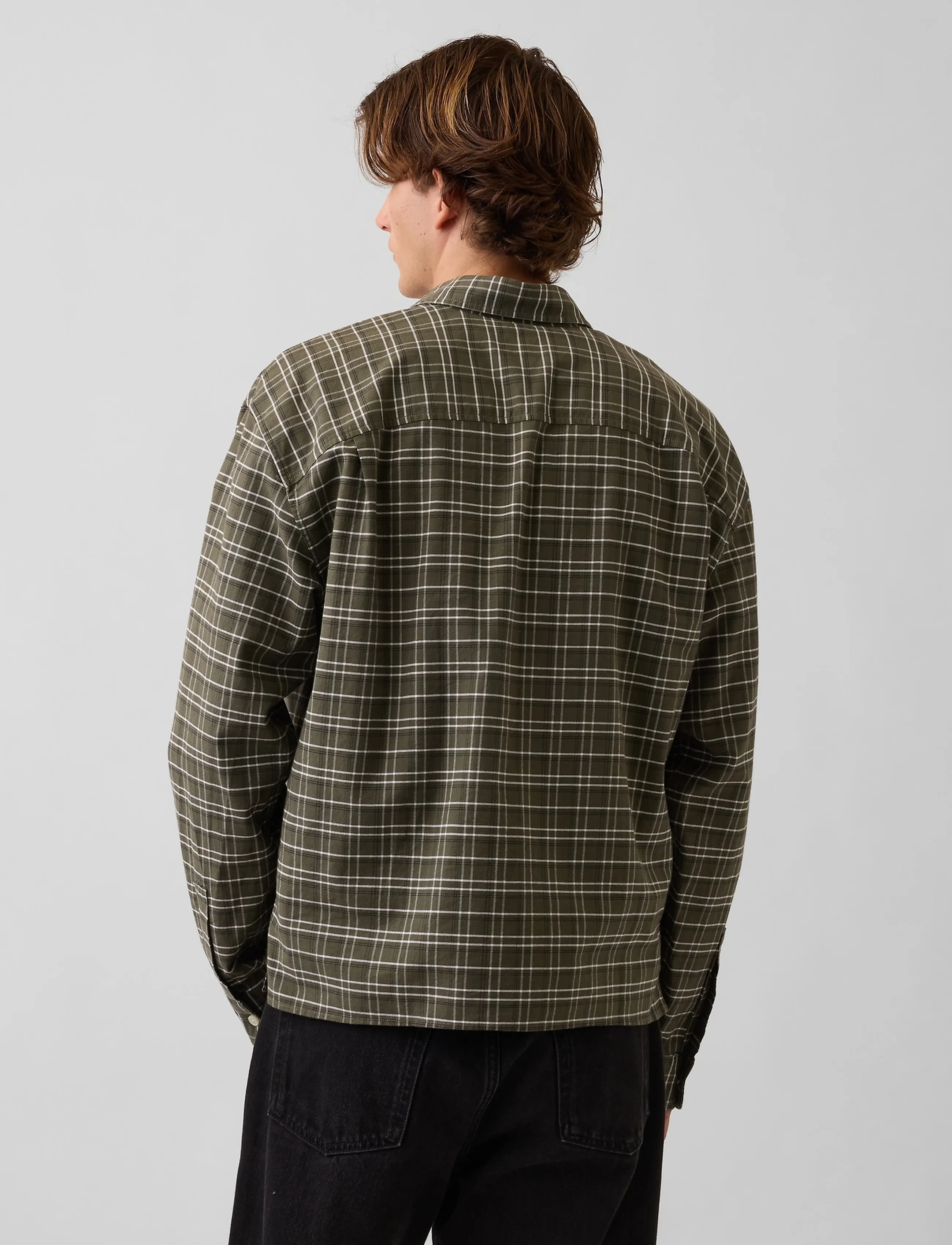 GAP - Relaxed Crop Straight-Hem Oxford Shirt - oxford-skjortor - olive plaid - 4