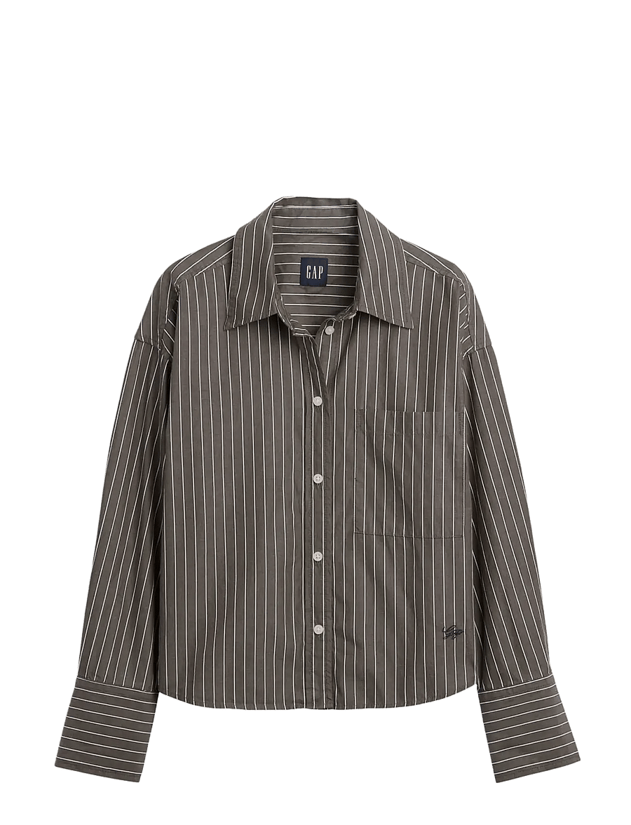 GAP - Organic Cotton Poplin Oversized Crop Shirt - langärmlige hemden - brown stripe - 1