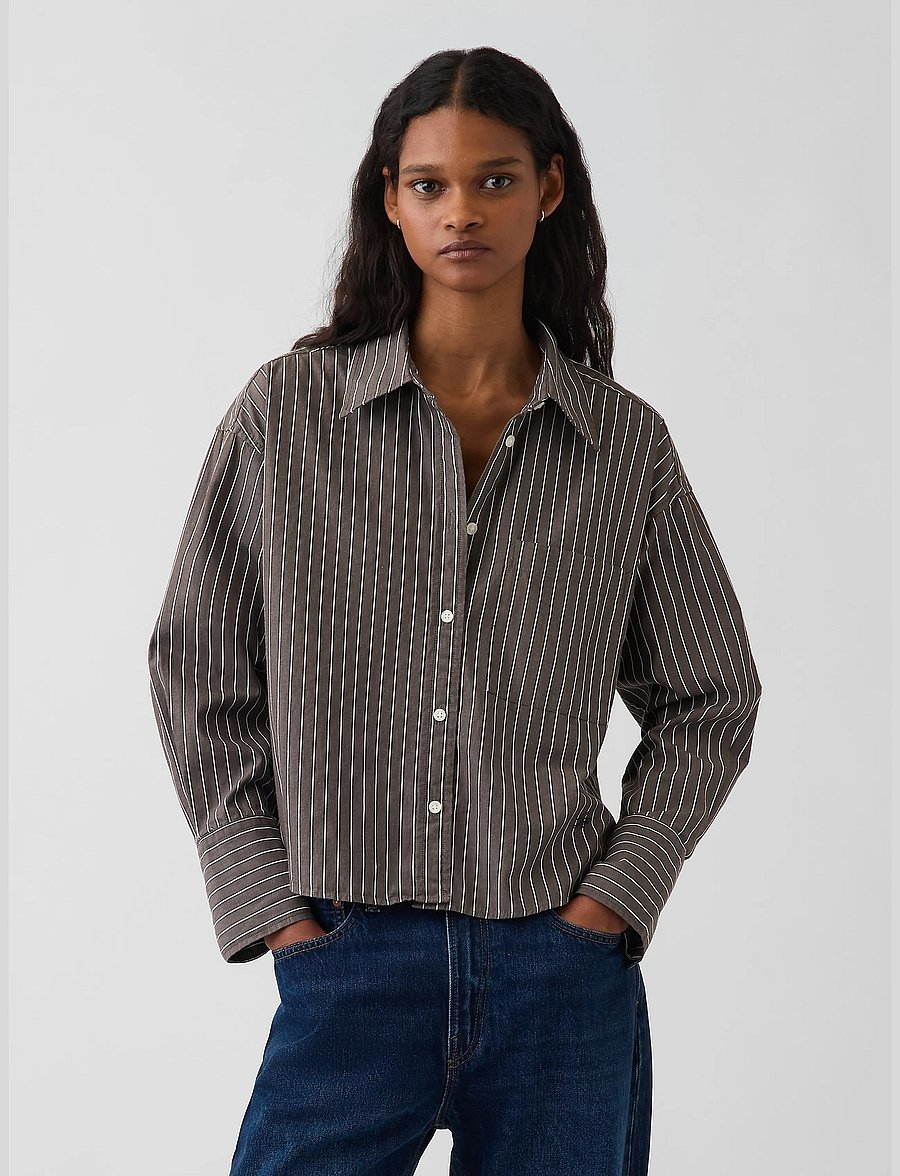 GAP - Organic Cotton Poplin Oversized Crop Shirt - langärmlige hemden - brown stripe - 0