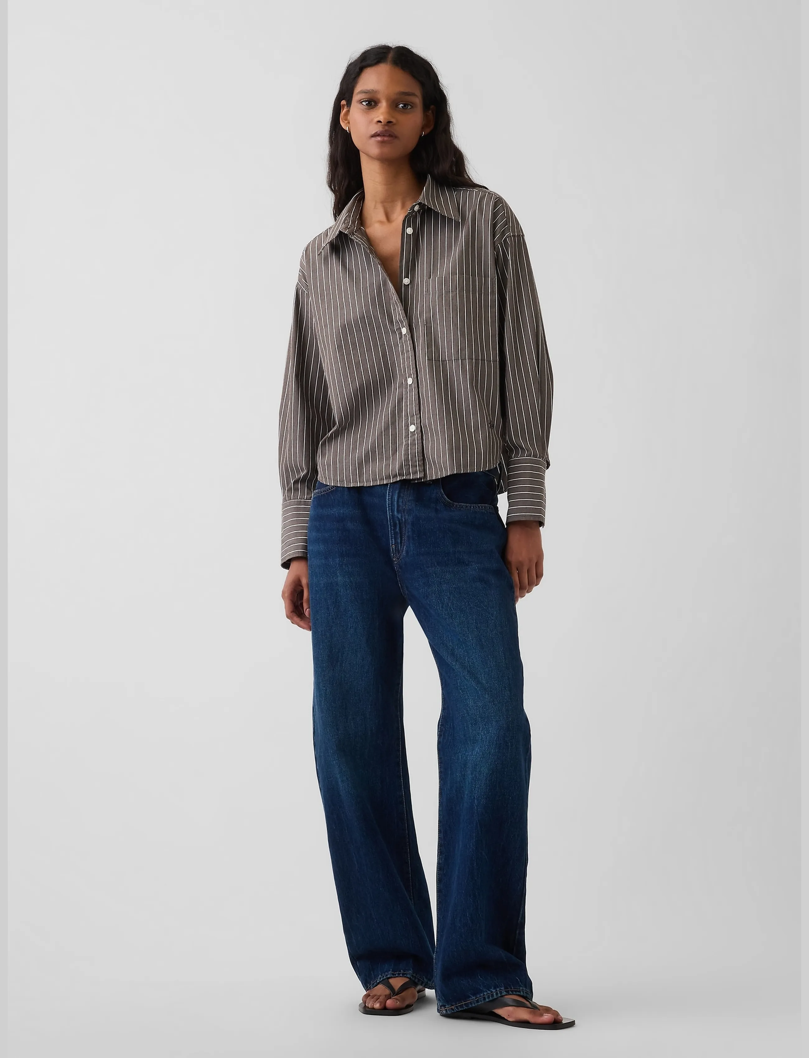 GAP - Organic Cotton Poplin Oversized Crop Shirt - langärmlige hemden - brown stripe - 2
