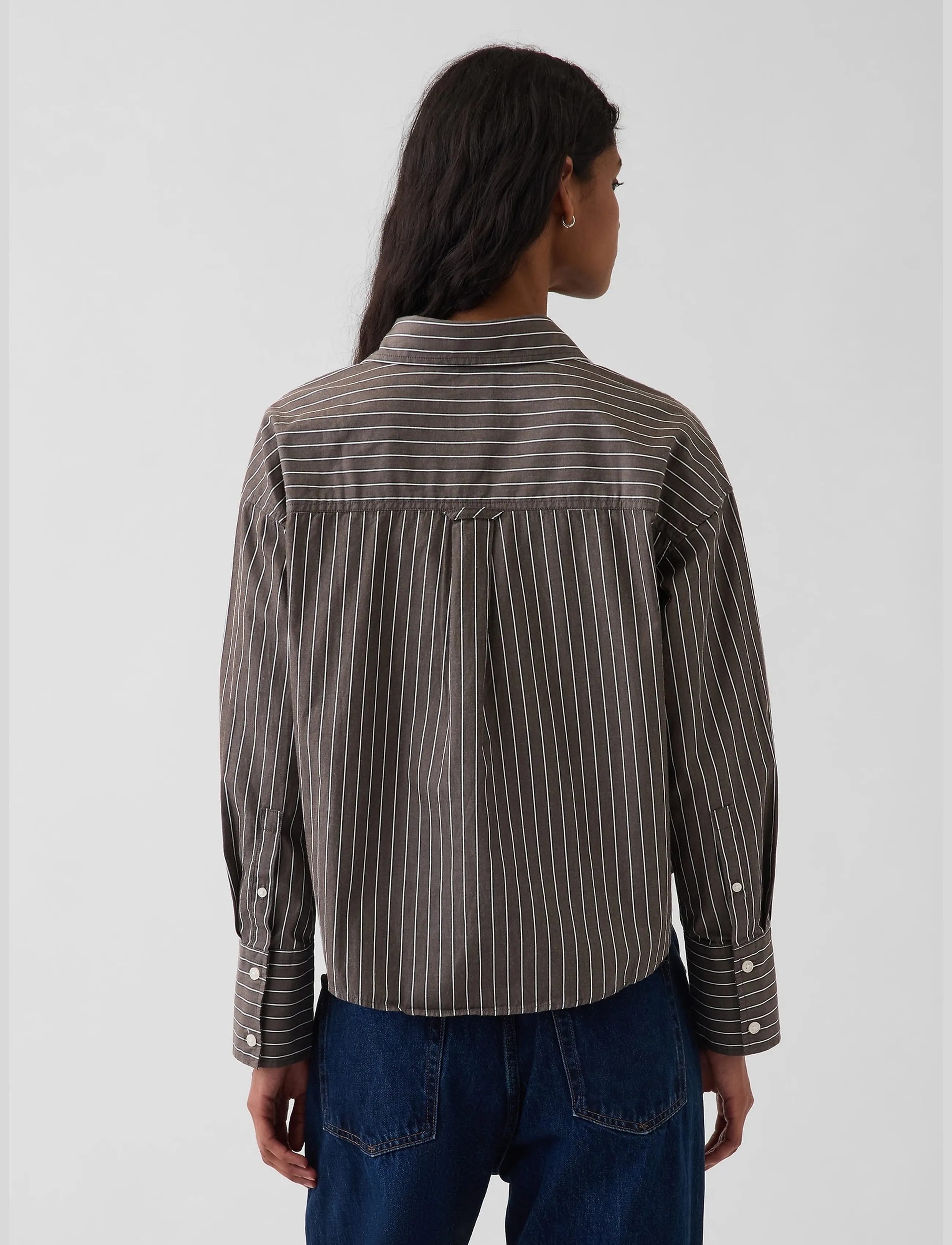 GAP - Organic Cotton Poplin Oversized Crop Shirt - langärmlige hemden - brown stripe - 3